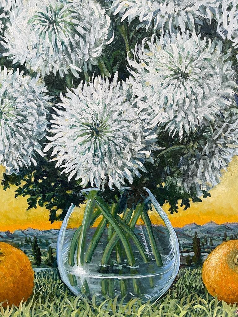White Chrysanthemums And Oranges - Painting by Rafael Saldarriaga