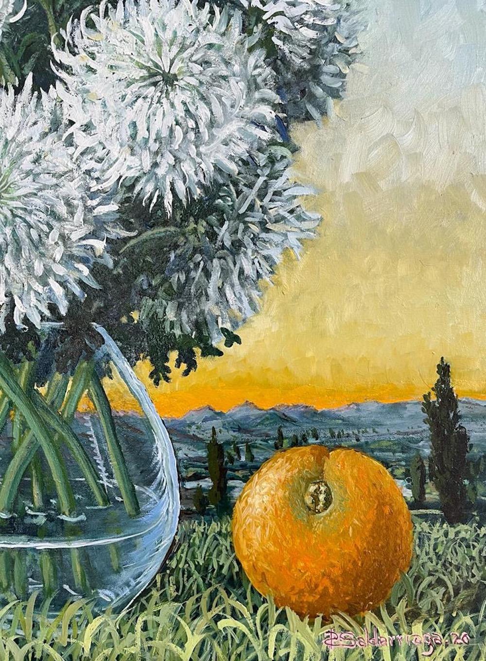White Chrysanthemums And Oranges - Contemporary Painting by Rafael Saldarriaga