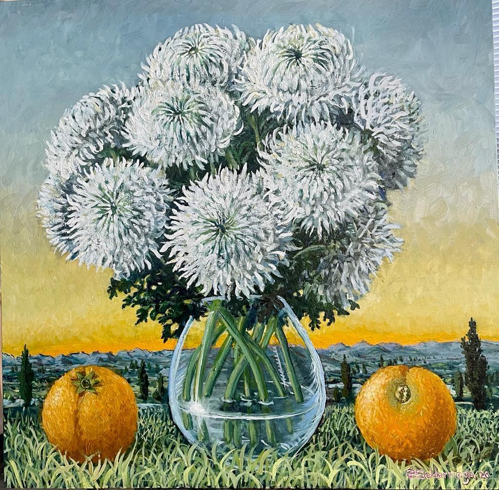 White Chrysanthemums And Oranges - Gray Still-Life Painting by Rafael Saldarriaga