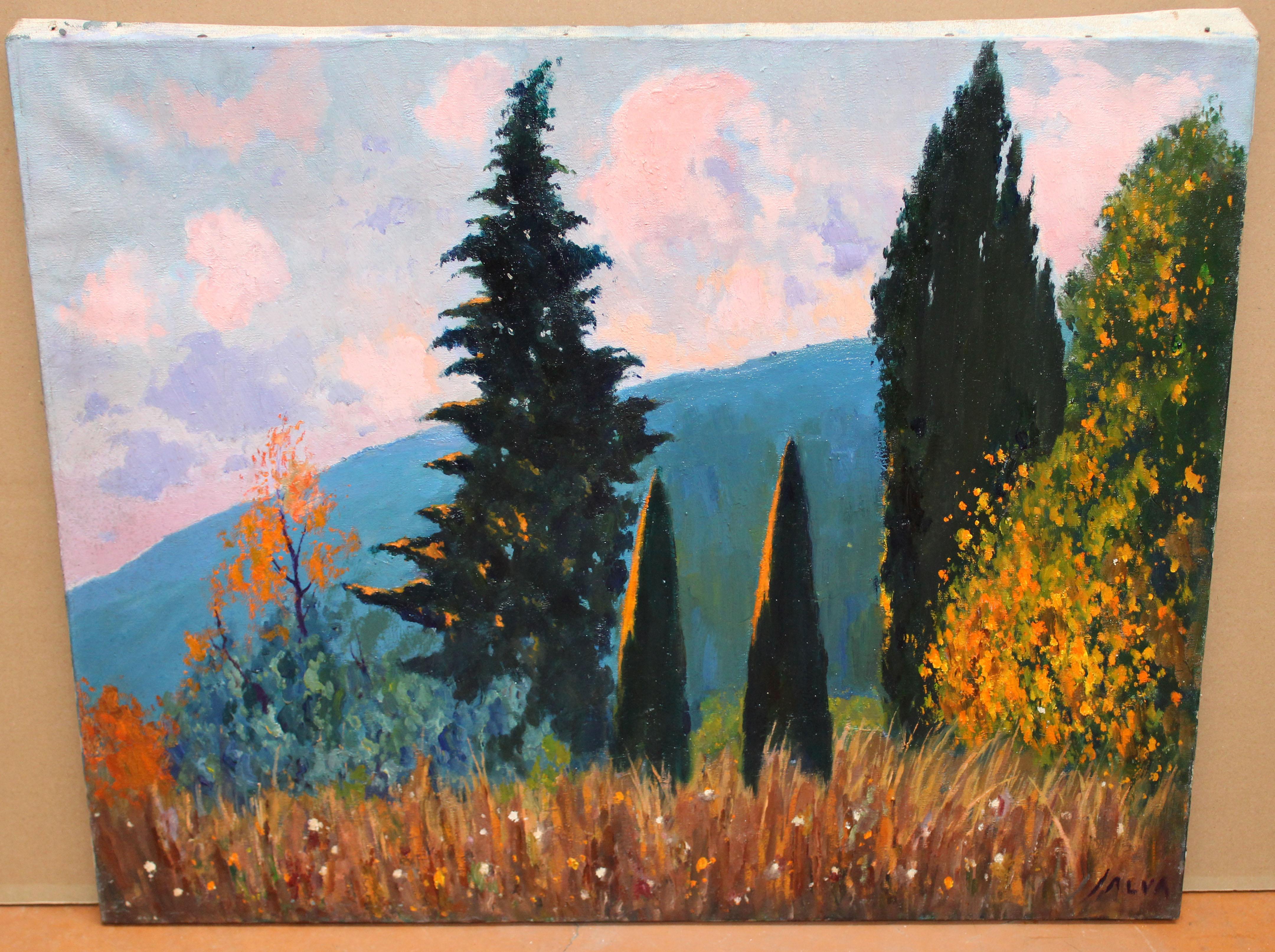 Óleo sobre tela - Crepúsculo entre cipreses – Painting von Rafael Salvá Balaguer