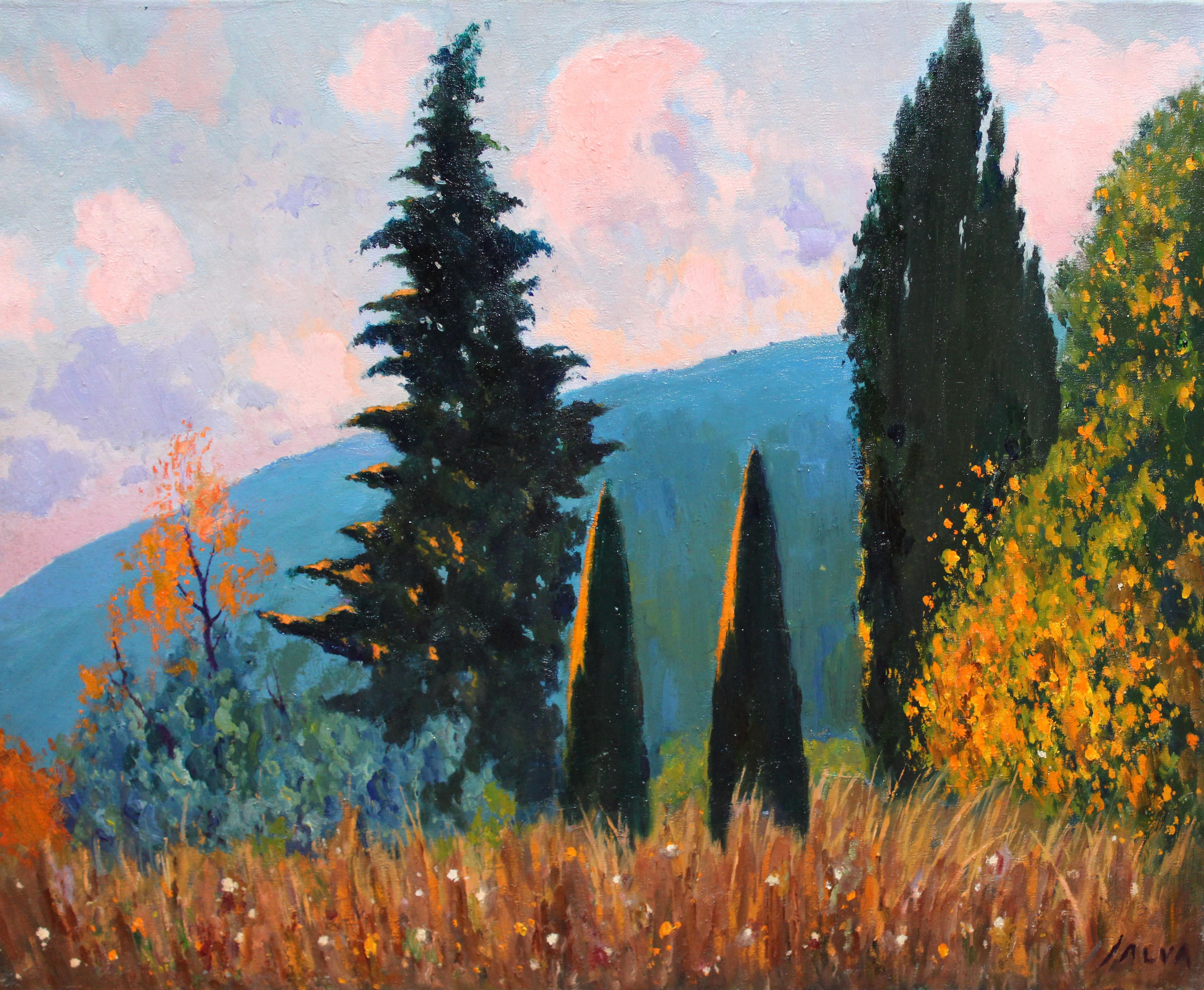 Óleo sobre tela - Crepúsculo entre cipreses (Impressionismus), Painting, von Rafael Salvá Balaguer