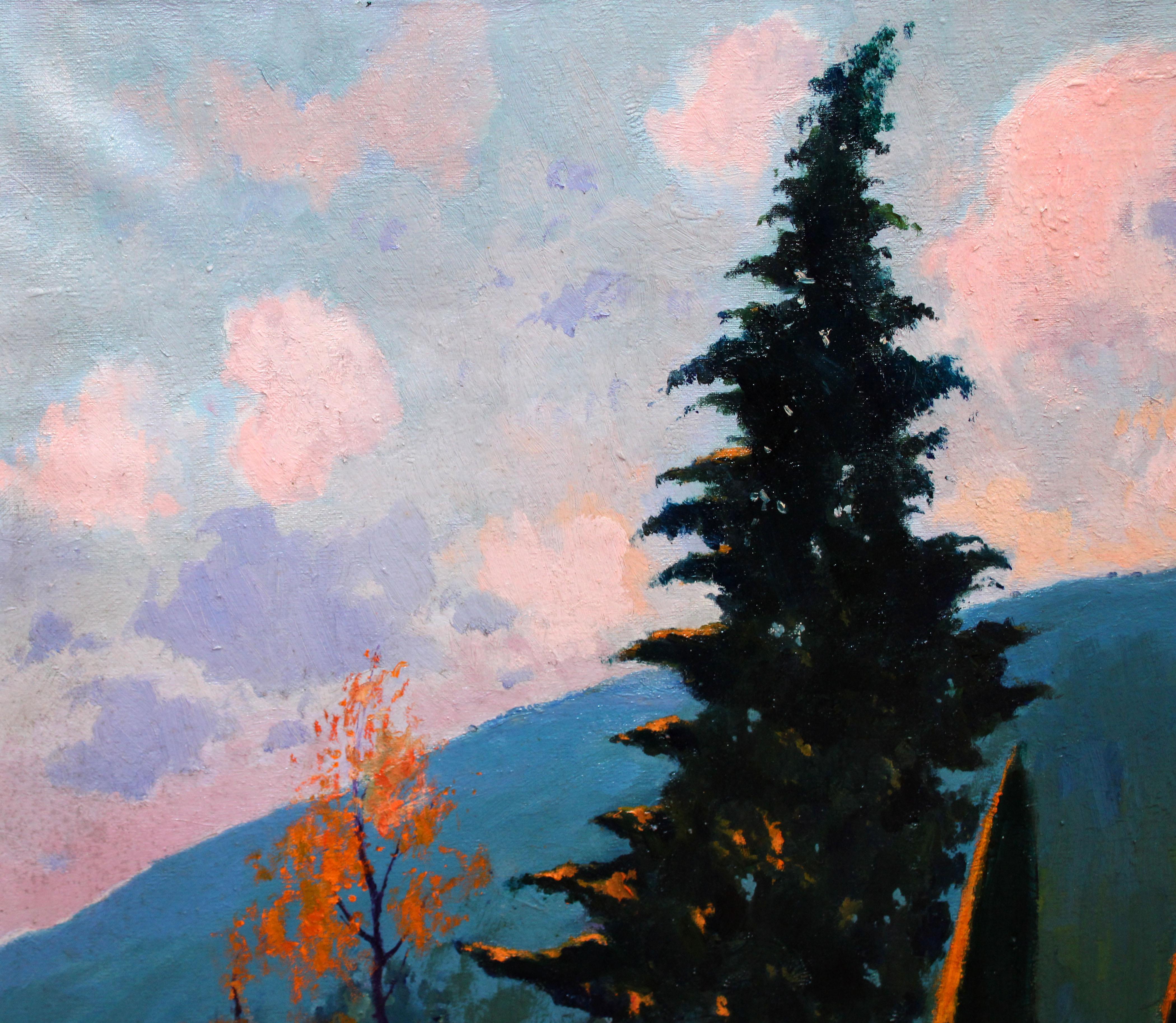 Óleo sobre tela - Crepúsculo entre cipreses (Schwarz), Landscape Painting, von Rafael Salvá Balaguer