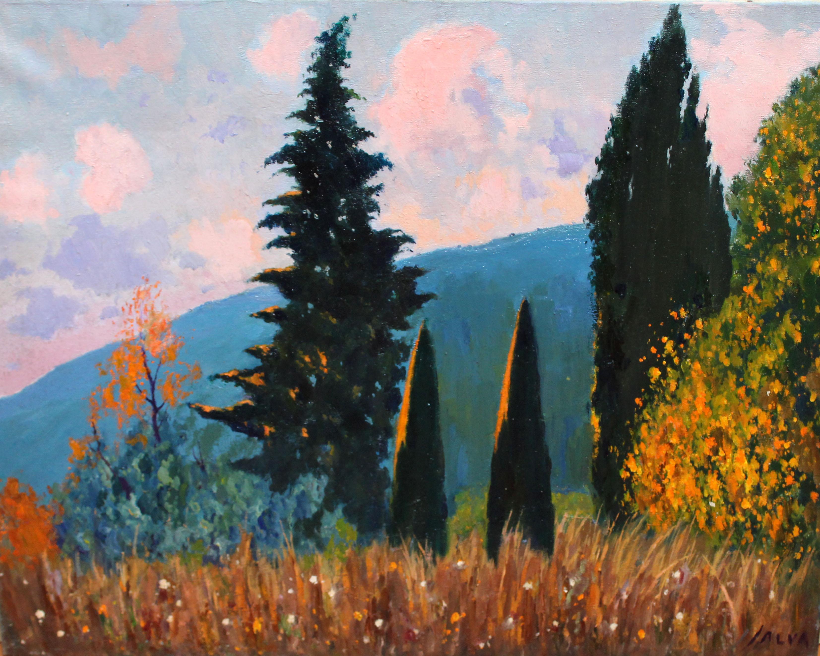 Óleo sobre tela - Crepúsculo entre cipreses