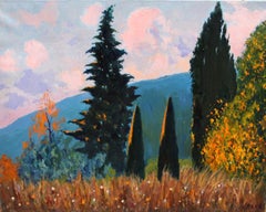 Óleo sobre tela - Crepúsculo entre cipreses