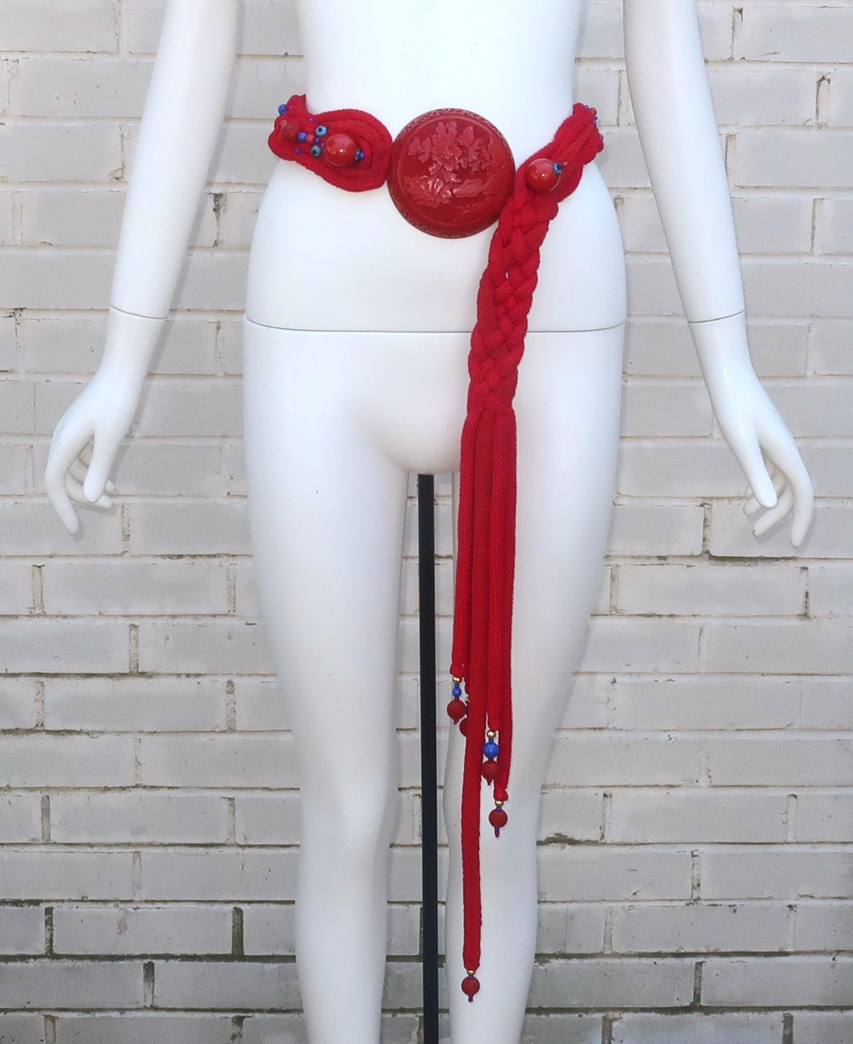 RAFAEL SANCHEZ Cinnabar Resin Braid Sash Belt, 1980's In Good Condition For Sale In Atlanta, GA