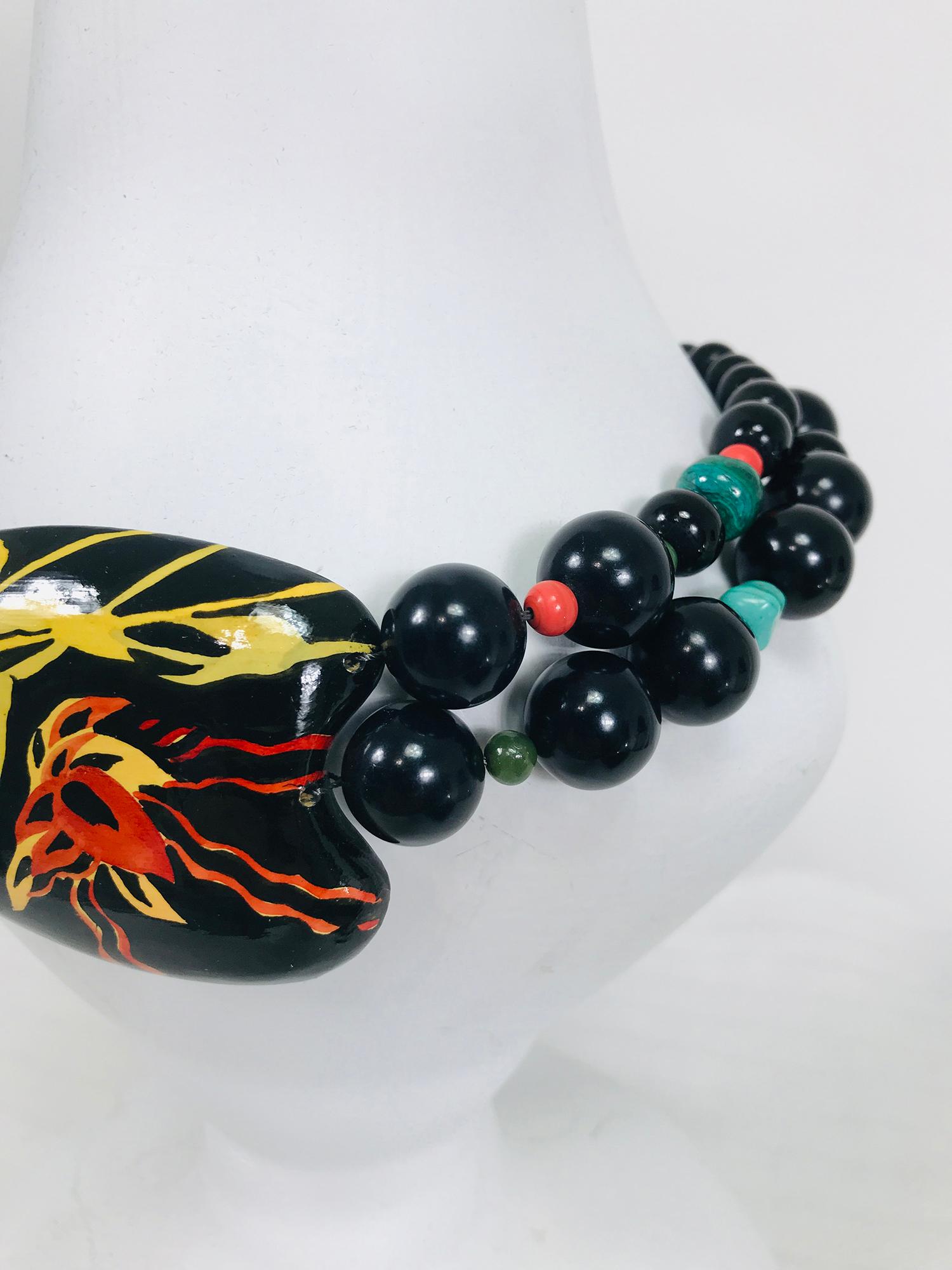 Artist Rafael Sanchez Hand Painted Coconut Shell & Beaded Necklace 1980s