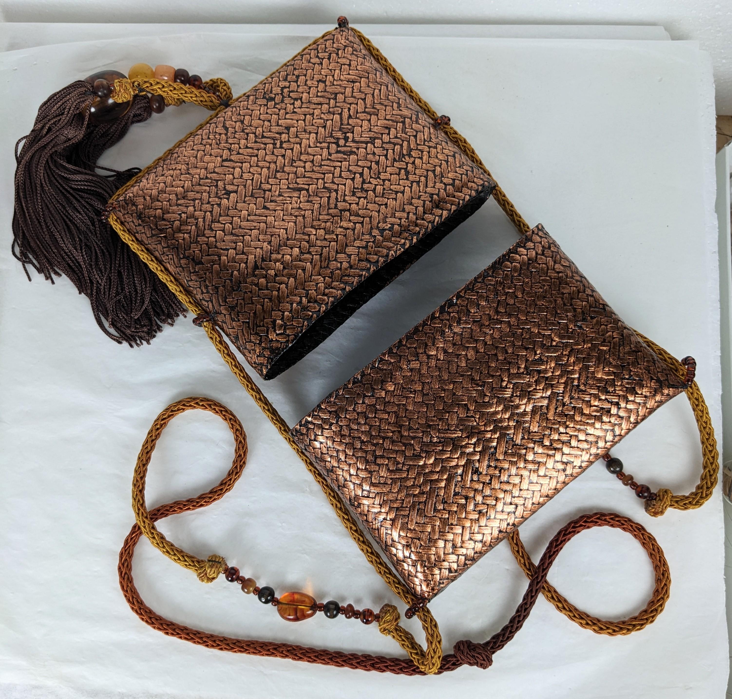 Brown Rafael Sanchez Hand Woven Rattan Purse with Tassels For Sale