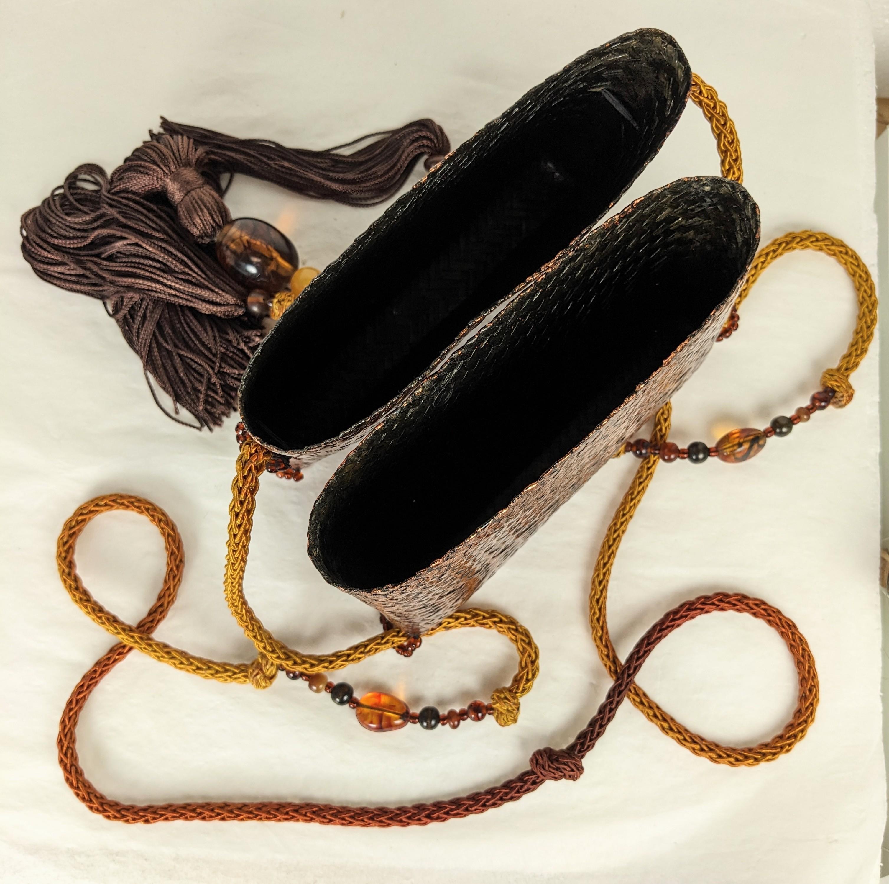 Rafael Sanchez Hand Woven Rattan Purse with Tassels In Good Condition For Sale In New York, NY