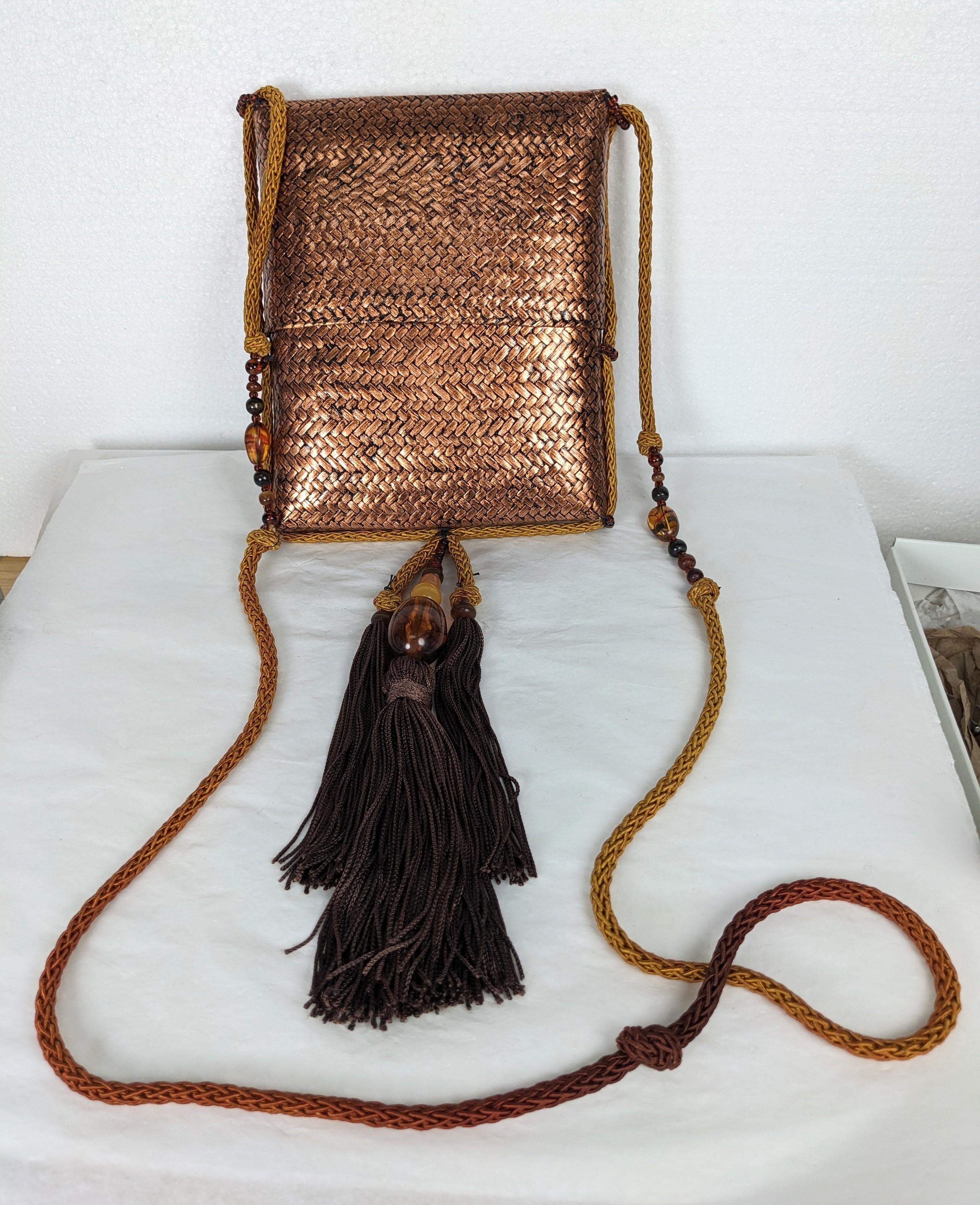 Women's or Men's Rafael Sanchez Hand Woven Rattan Purse with Tassels For Sale