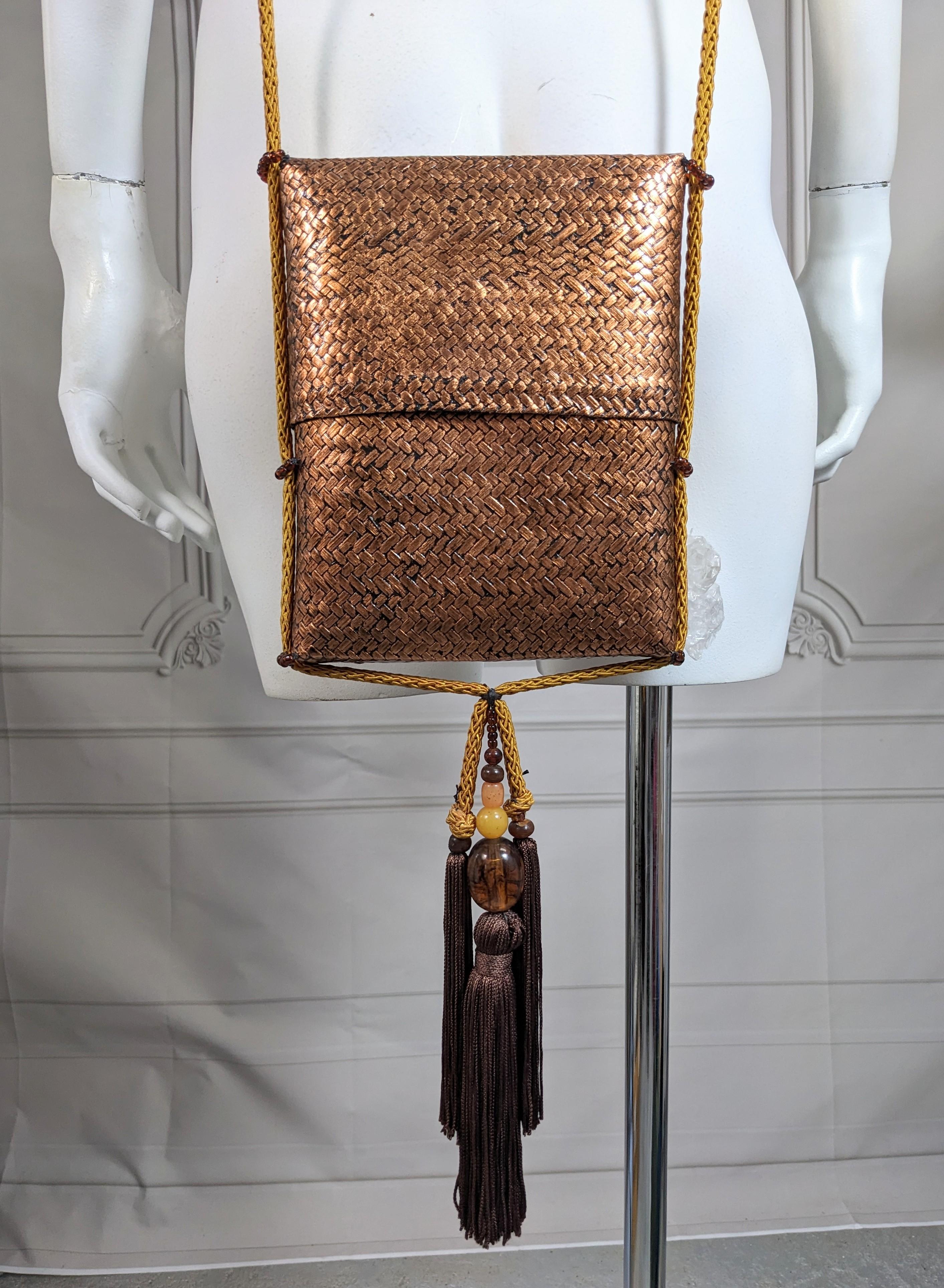 Rafael Sanchez Hand Woven Rattan Purse with Tassels For Sale 4
