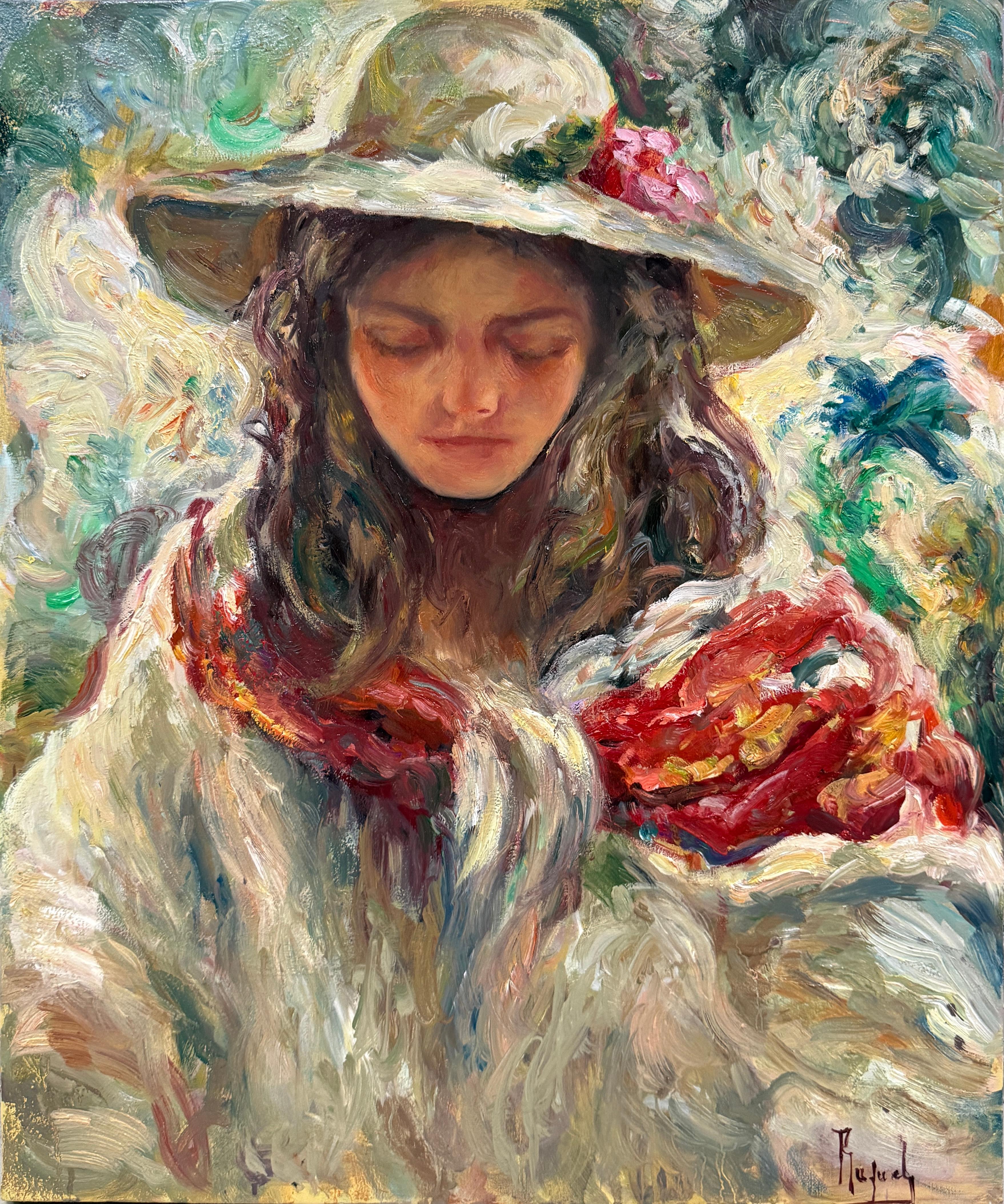Portrait figuratif et expressif à l'huile sur toile d'une femme méditerranéenne coiffée d'un chapeau – Espagne