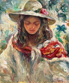 Mediterranean Woman with Hat Expressive Figurative Oil Canvas Portrait Spanish