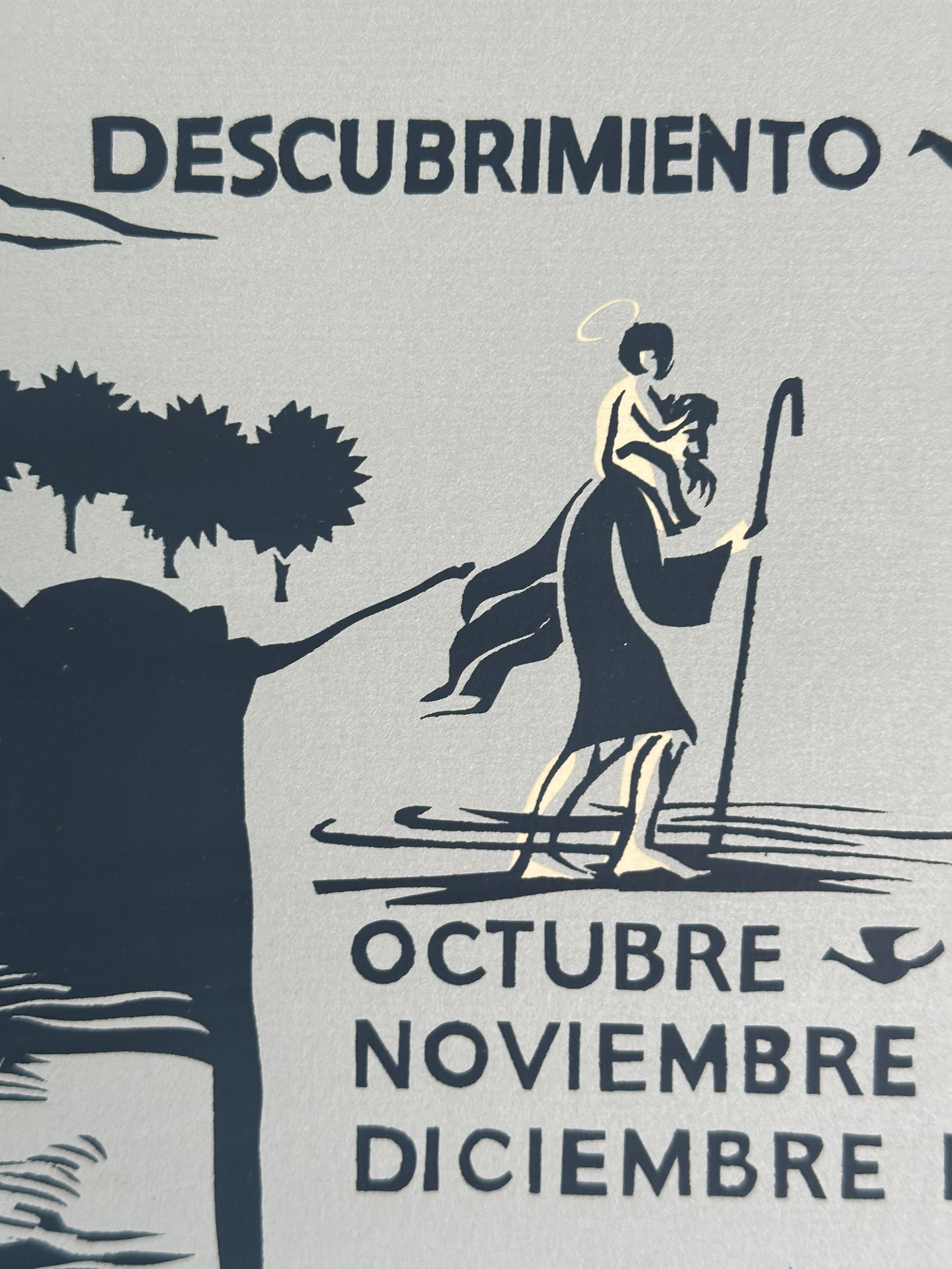 Exposicion Noticias Del Nuevo Mundo, Casa Del Libro, Affiche de l'exposition portoricaine
1965
Rafael Tufino
20 x 29 1/2 pouces ~ (50 x 73 cm)

Quelques plis et usures sur les bords. 

Livré roulé dans un tube avec du papier glassine. 
