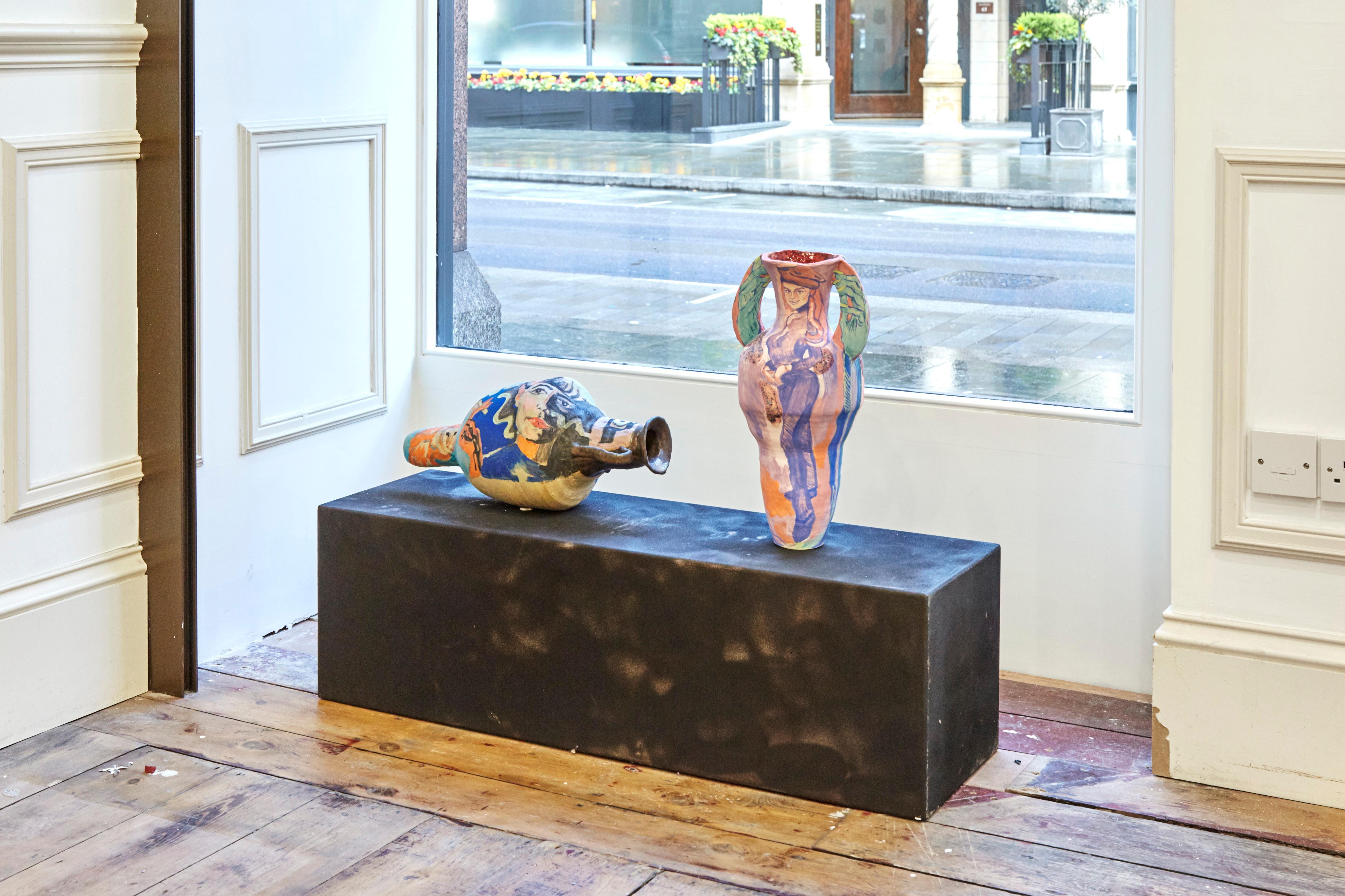 See No Evil is a ceramic vase painted in underglaze.  Flora Vesterberg Ogilvy, the art historian, philanthropist and granddaughter of Princess Alexandra, had just moved to London and came to pose at Rafaela´s home.  She is depicted on either side of