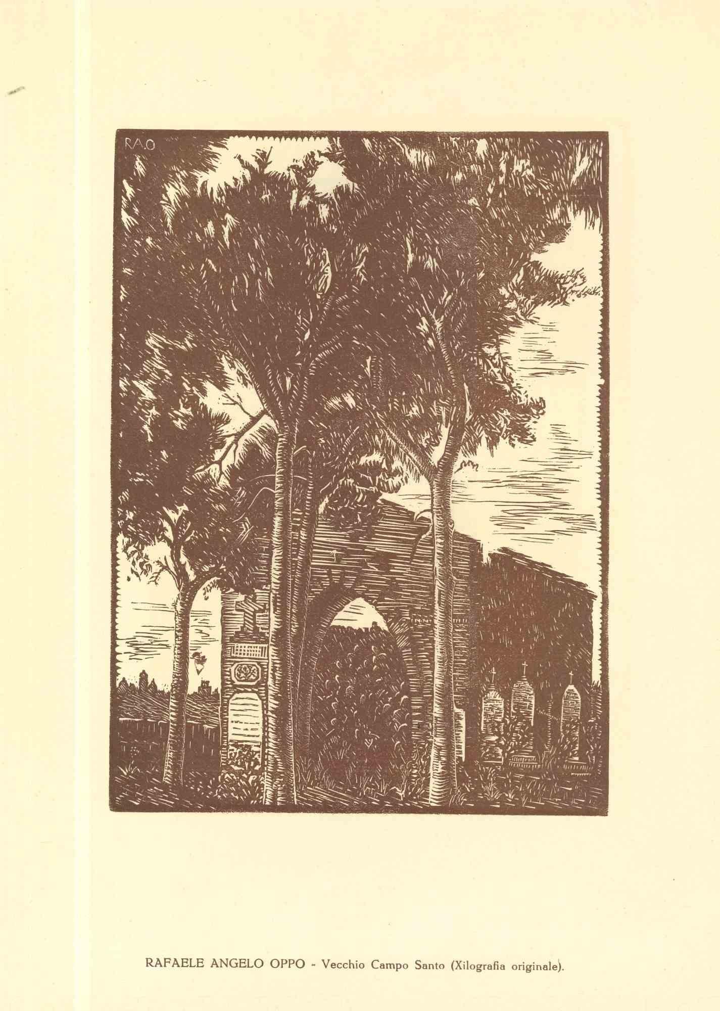 Old Cemetery - Original Woodcut by Rafaele Angelo Oppio - Early 20th century