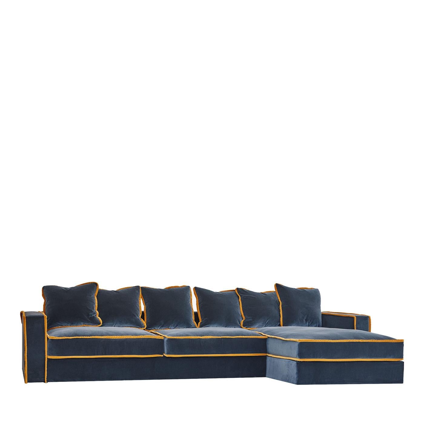 Textile Sofa angulaire Rafaella Bio bleu foncé et jaune, Biosofa en vente