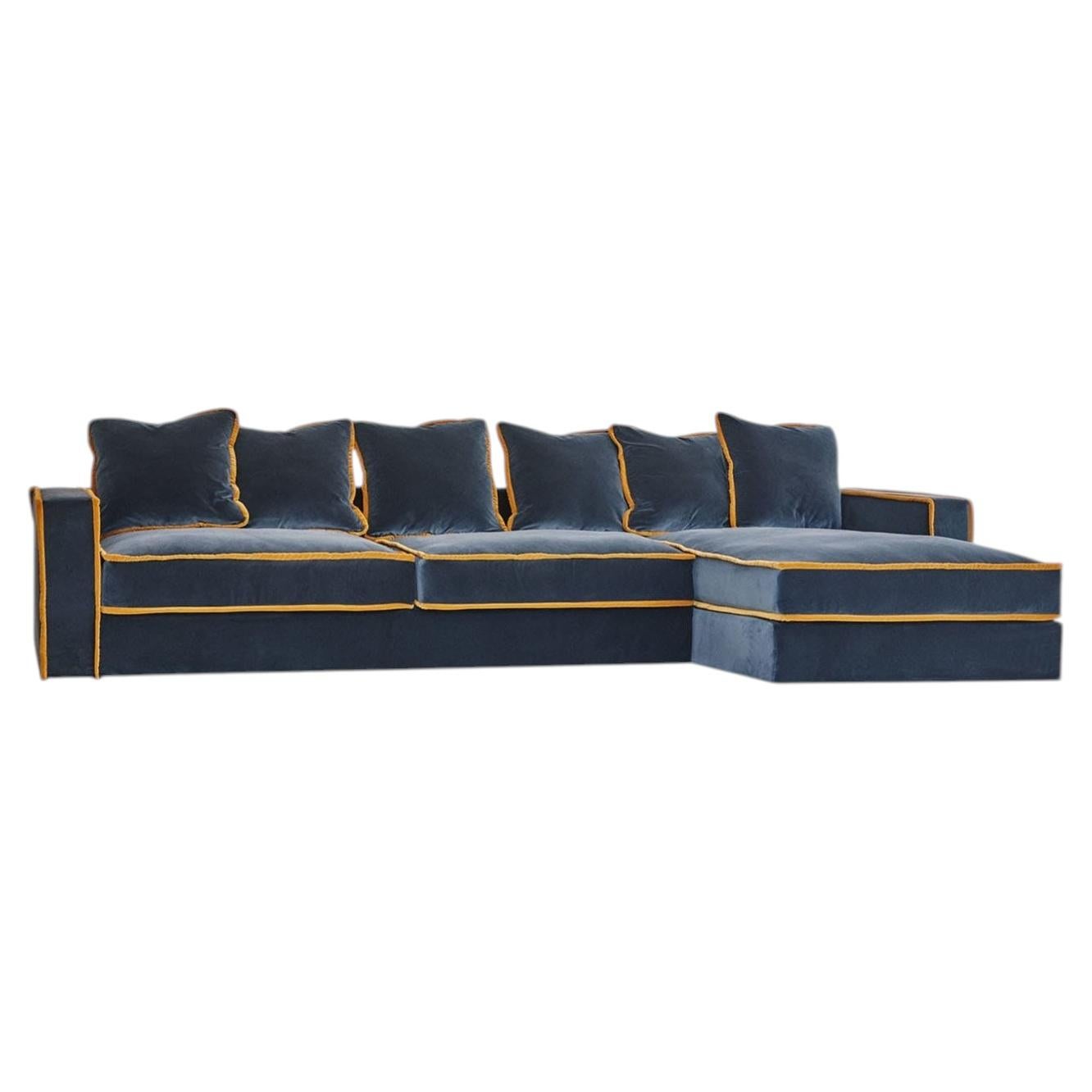 Rafaella Bio Dark Blue & Yellow Velvet Angular Sofa For Sale