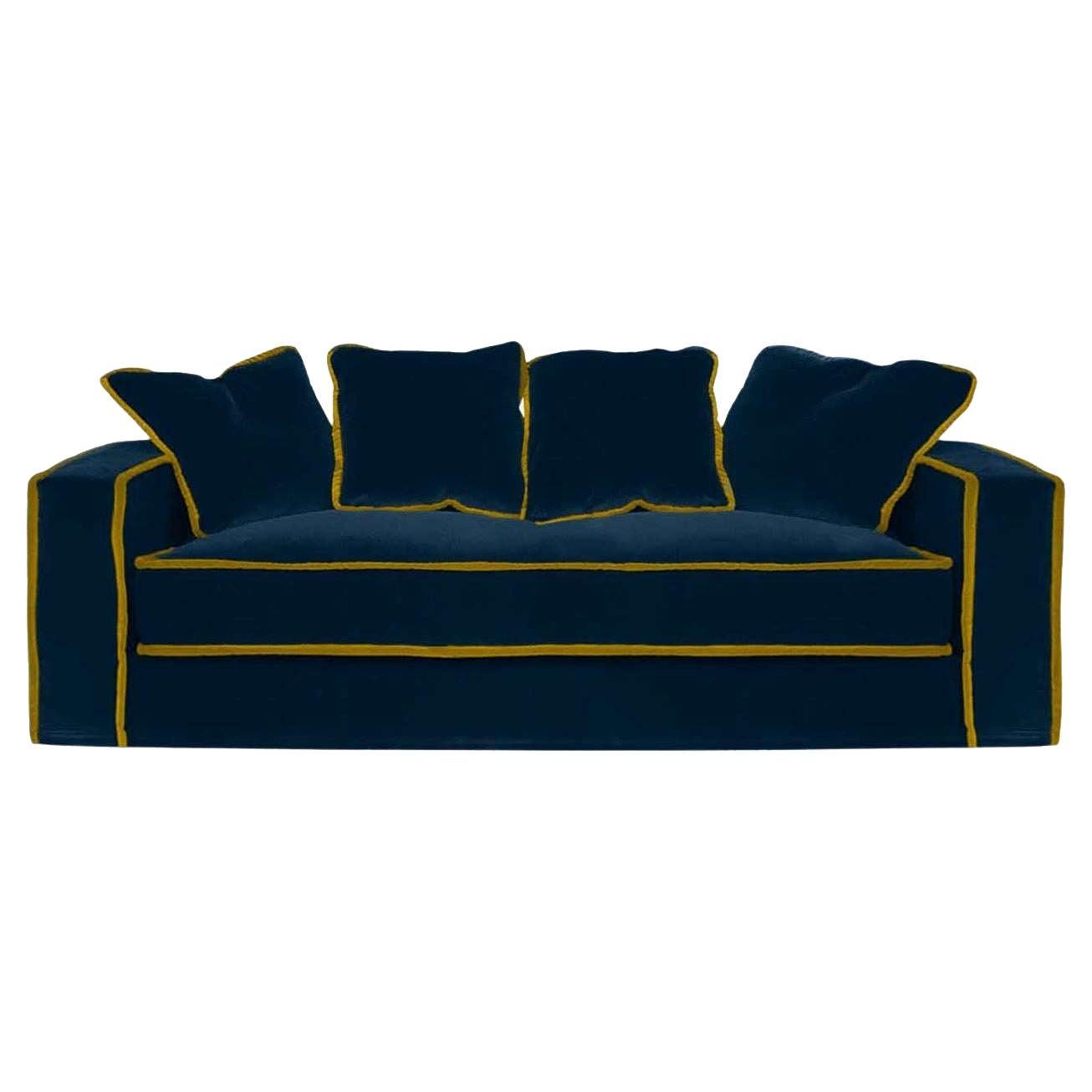 Rafaella Midnight Blue & Gold Velvet 2 Seater Sofa For Sale