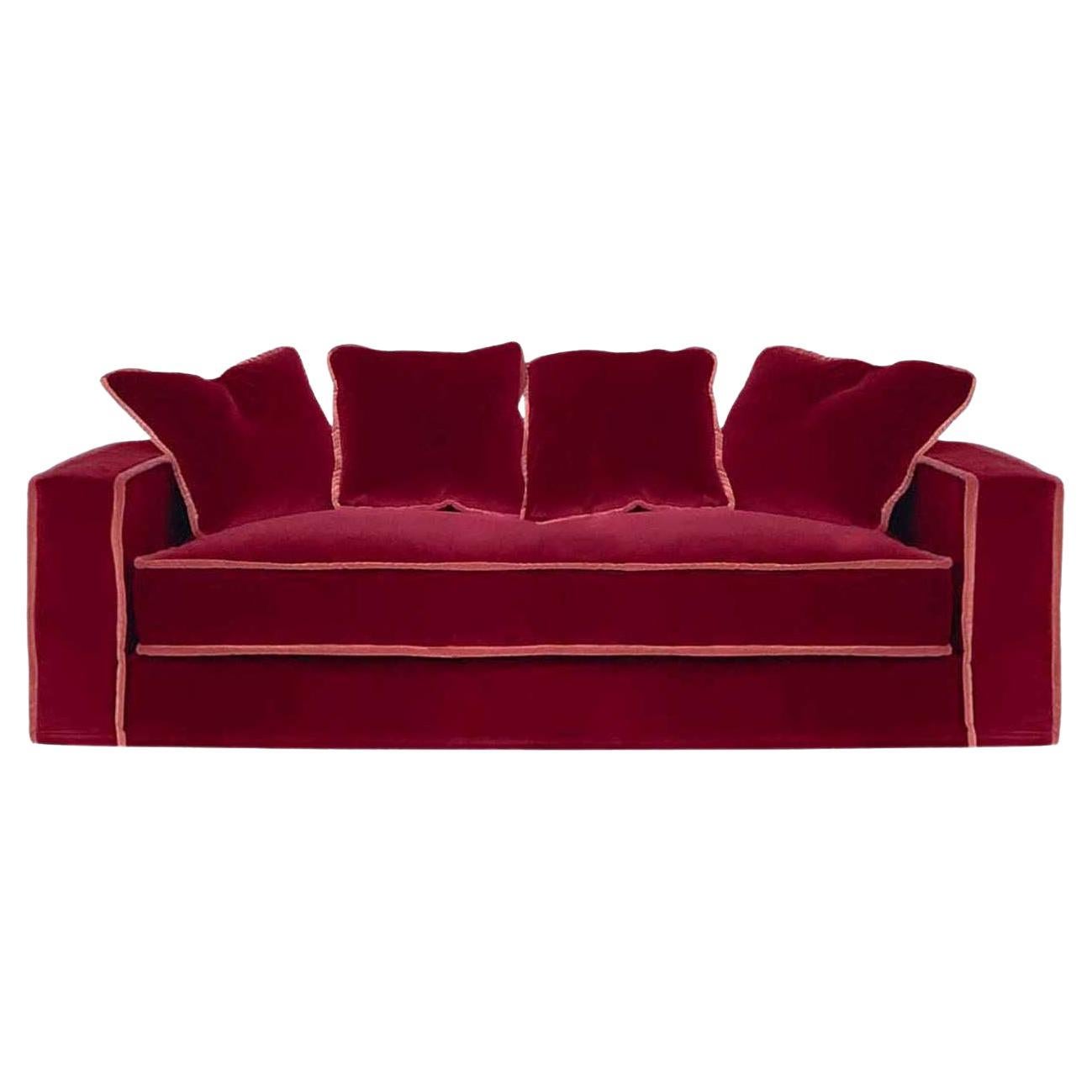 Two Seater Red Velvet Sofa with Baroque Heading by Modenese Interiors