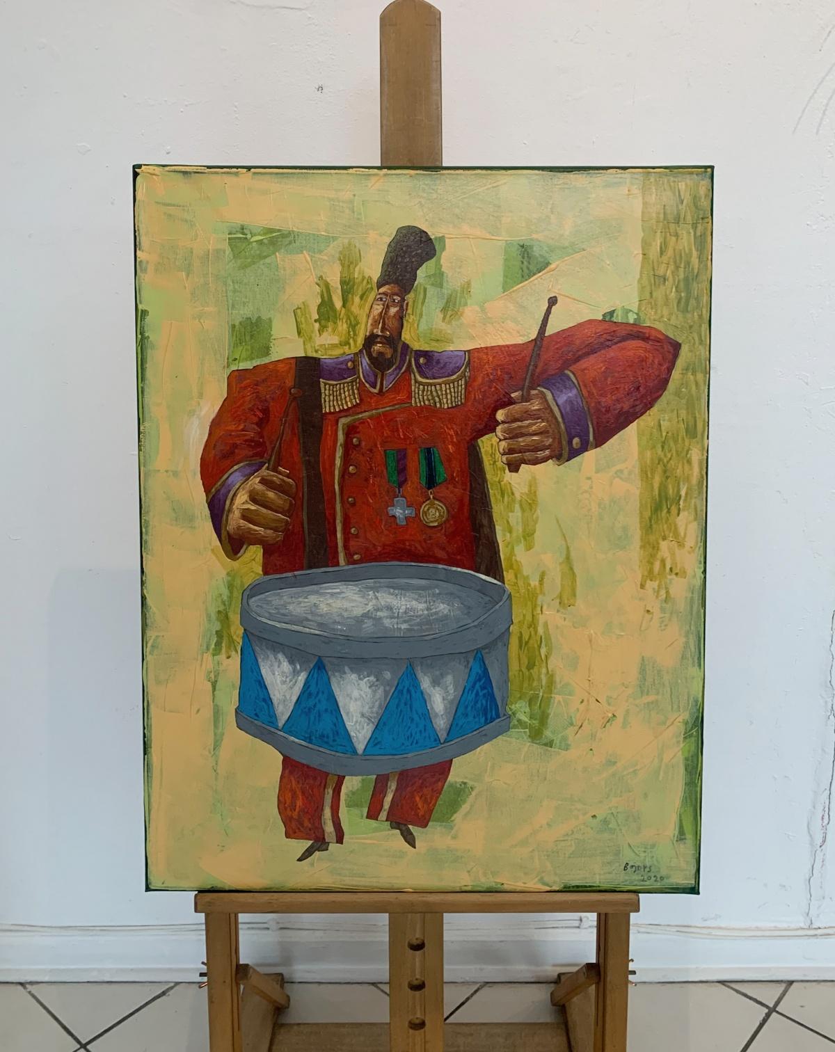Drummer -  Acrylic Figurative Painting, Animal, Colorful, Polish art - Brown Portrait Painting by Rafał Bojdys