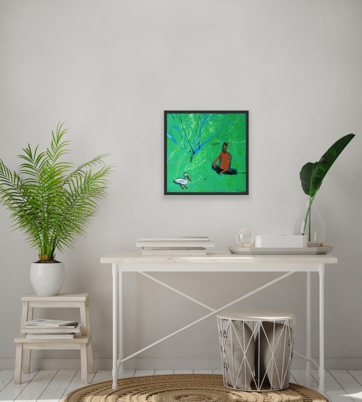 Retour avec un oiseau - Peinture figurative à l'acrylique, paysage, vert vibrant - Vert Figurative Painting par Rafał Bojdys