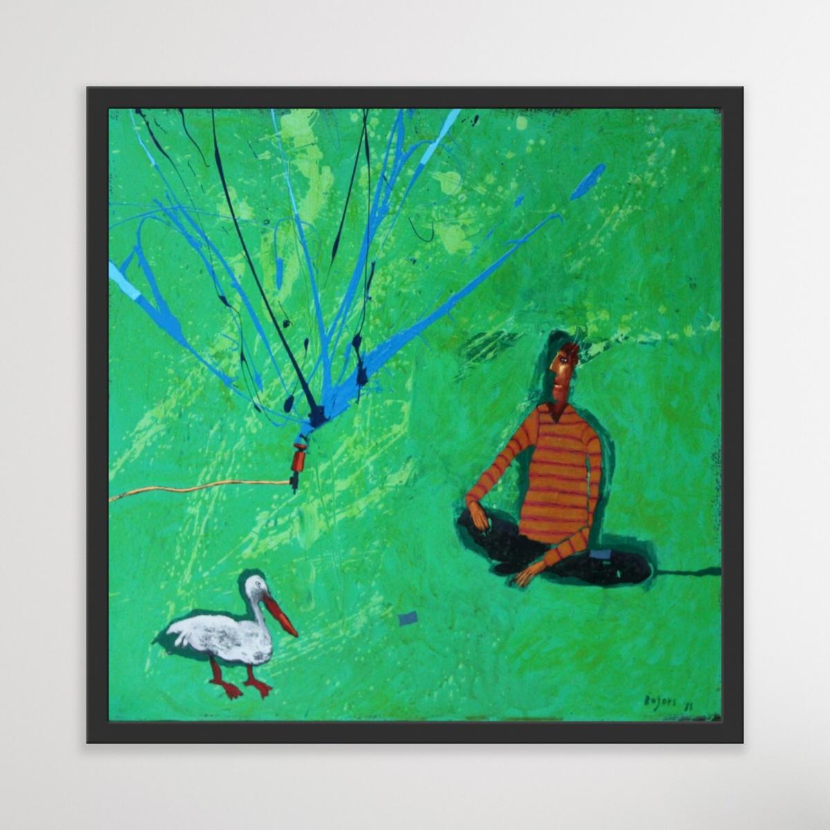Encounter mit einem Vogel – figuratives Acryl-Gemälde, Landschaft, lebhaftes Grün im Angebot 1