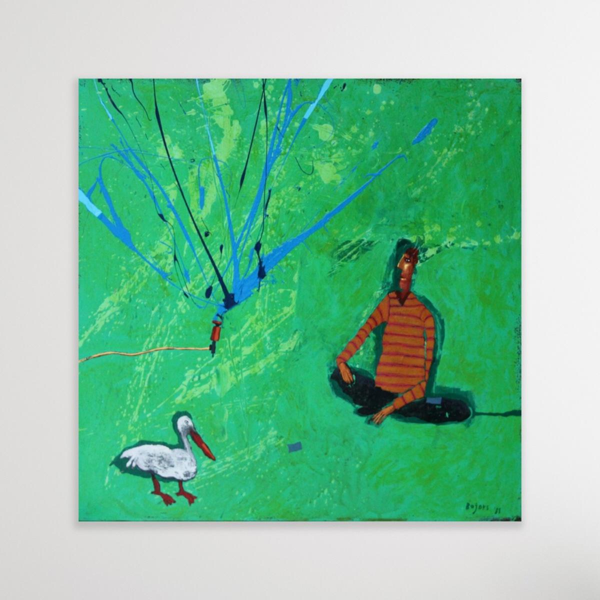 Retour avec un oiseau - Peinture figurative à l'acrylique, paysage, vert vibrant en vente 1