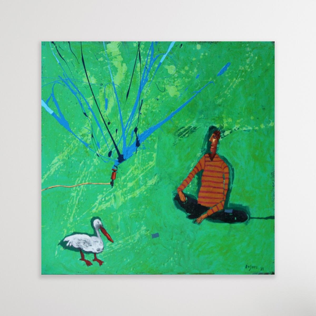 Encuentro con un pájaro - Pintura figurativa acrílica, Paisaje, Verde vibrante 2