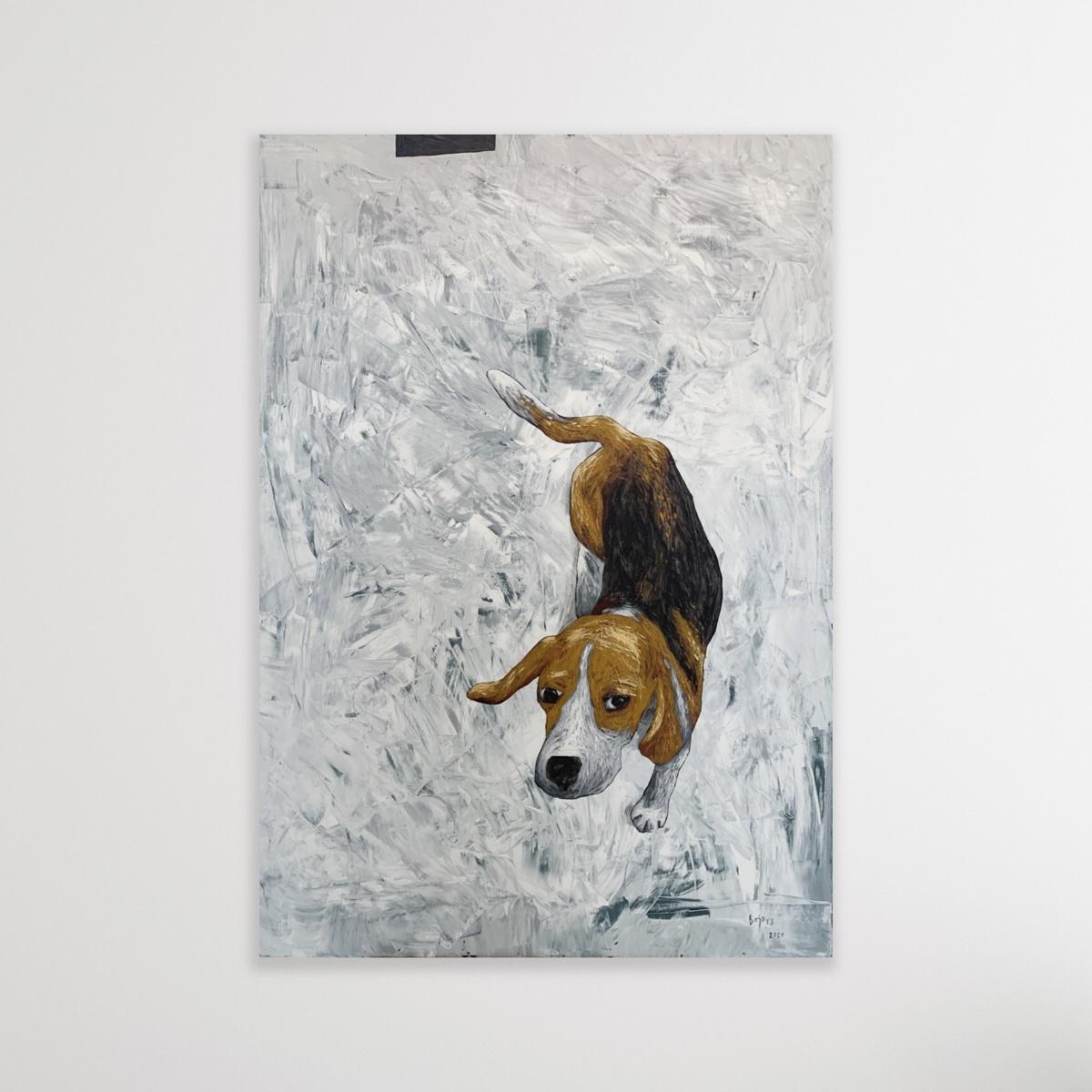 I'm coming already -  Acrylic Figurative Painting, Dog, Polish art - Gray Portrait Painting by Rafał Bojdys