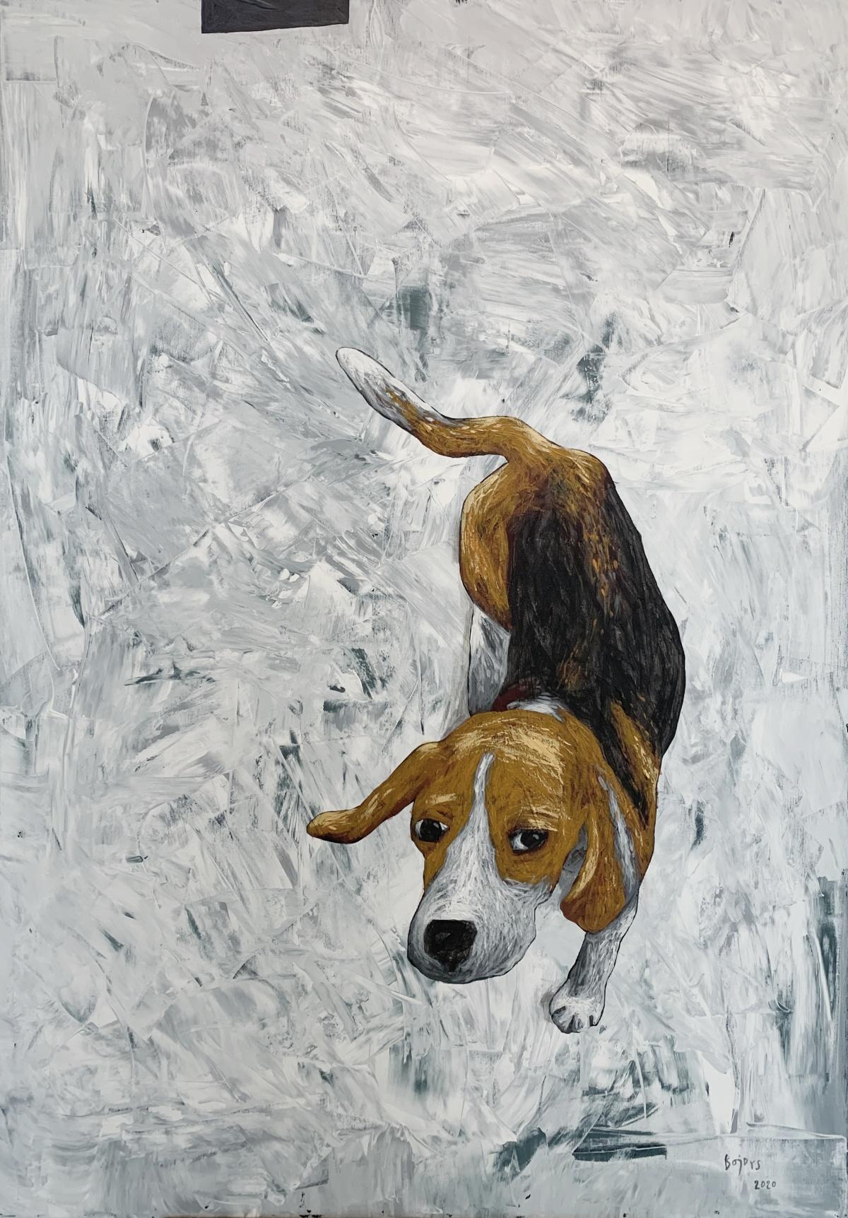 Rafał Bojdys Portrait Painting - I'm coming already -  Acrylic Figurative Painting, Dog, Polish art