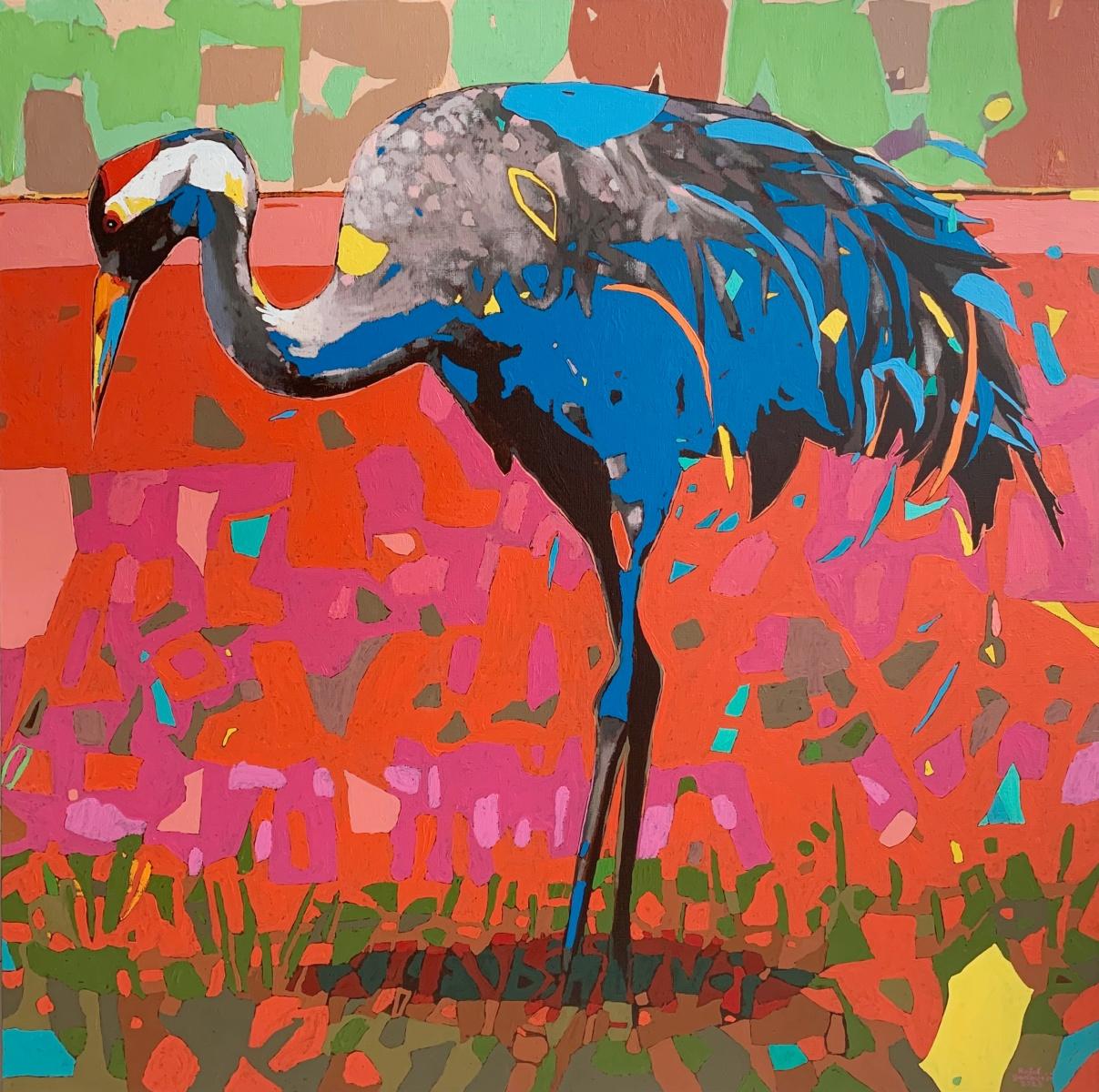 A Crane 08. Figuratives Ölgemälde, farbenfrohes, Pop-Art, Tiere, polnischer Künstler