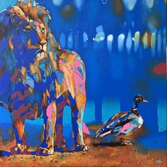 A Lion and a Duck- Contemporary Figurative Oil Painting, Animals, Pop art