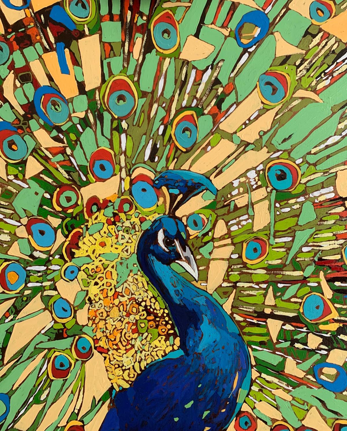 Contemporary figurative oil on canvas painting by Polish artist Rafal Gadowski. Painting in pop art style depicting a peacock. The background is geometric and colorful. Painting is bright with many dynamic shapes. Title of this painting is 'TA