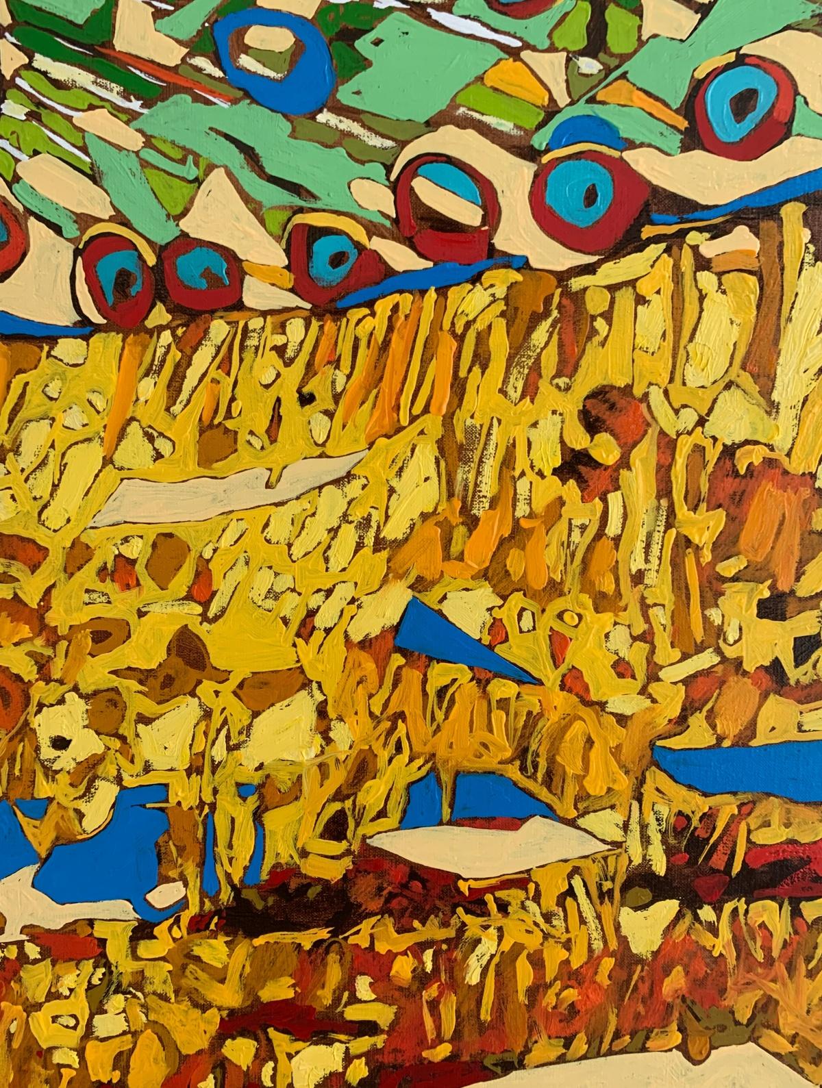 Quadro figurativo contemporaneo ad olio su tela dell'artista polacco Rafal Gadowski. Quadro in stile pop art che raffigura un pavone. Lo sfondo è geometrico e colorato. La pittura è luminosa con molte forme dinamiche. Il titolo di questo dipinto è