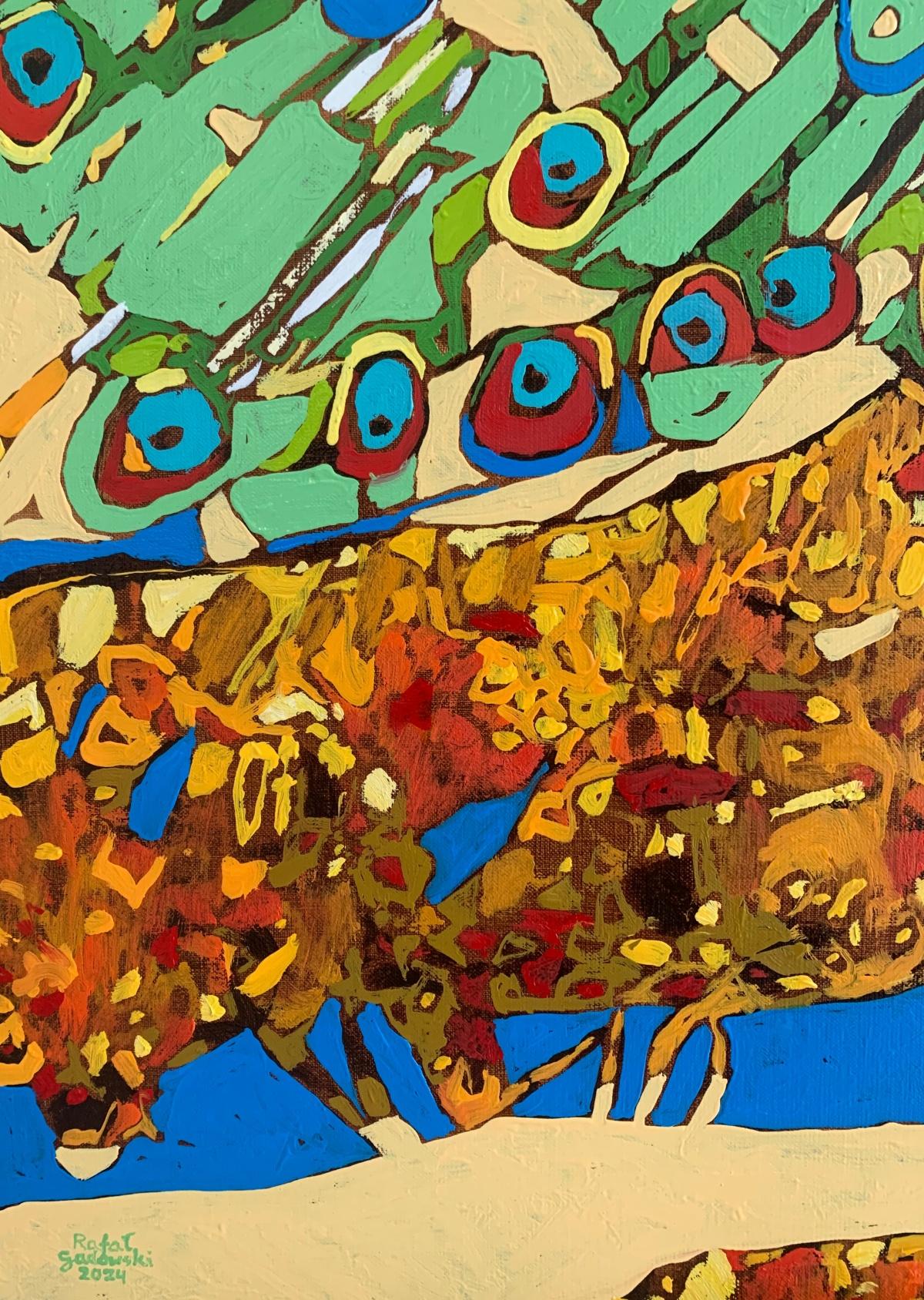 Un pavone 31. Pittura ad olio figurativa, Colorata, Pop art, Animali, Artista polacco 1