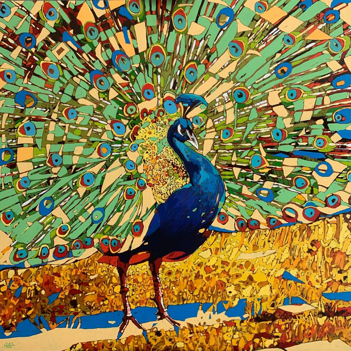 Rafał Gadowski Animal Painting - A peacock 31. Figurative Oil Painting, Colorful, Pop art, Animals, Polish artist