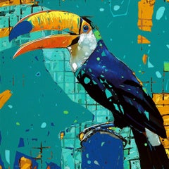 Ein Tukan 15. Figuratives Ölgemälde, farbenfrohes, Pop-Art, Tiere, polnischer Künstler