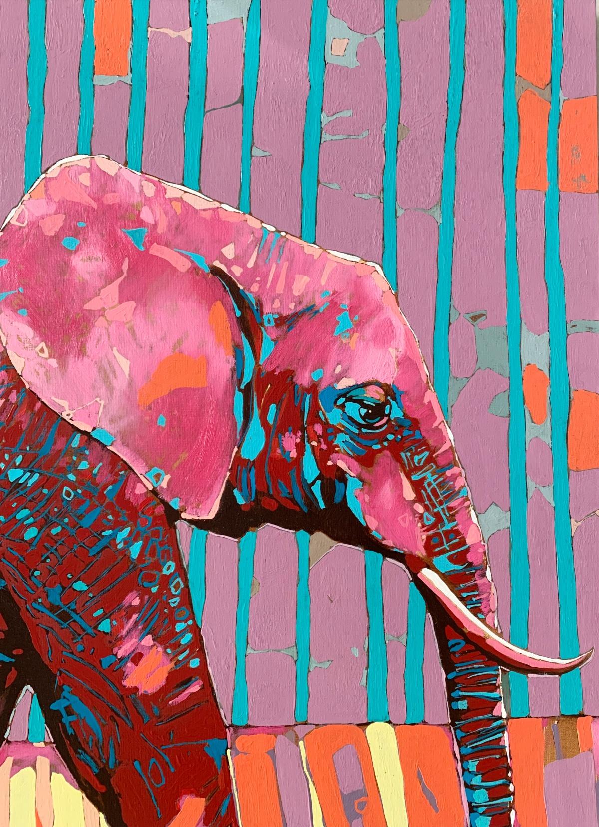 An elephant. Figurative Oil Painting, Colorful, Pop art, Animals, Polish artist - Pink Figurative Painting by Rafał Gadowski
