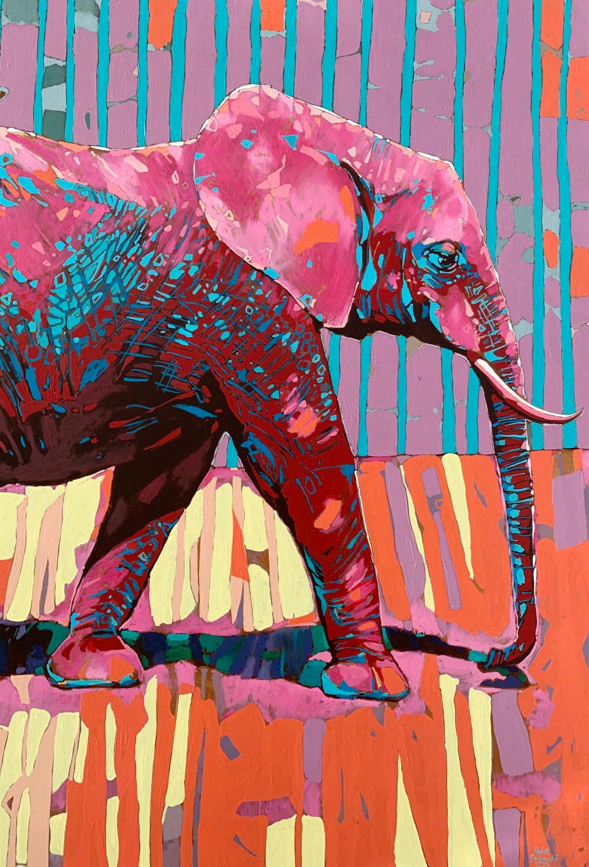 Contemporary figurative oil on canvas painting by Polish artist Rafal Gadowski. Painting in pop art style depicting an elephant. The background is geometric. Painting is both pastel and bright with many dynamic shapes. Title of this painting is 'An