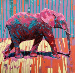 Un éléphant. Peinture à l'huile figurative, colorée, Pop art, animaux, artiste polonais