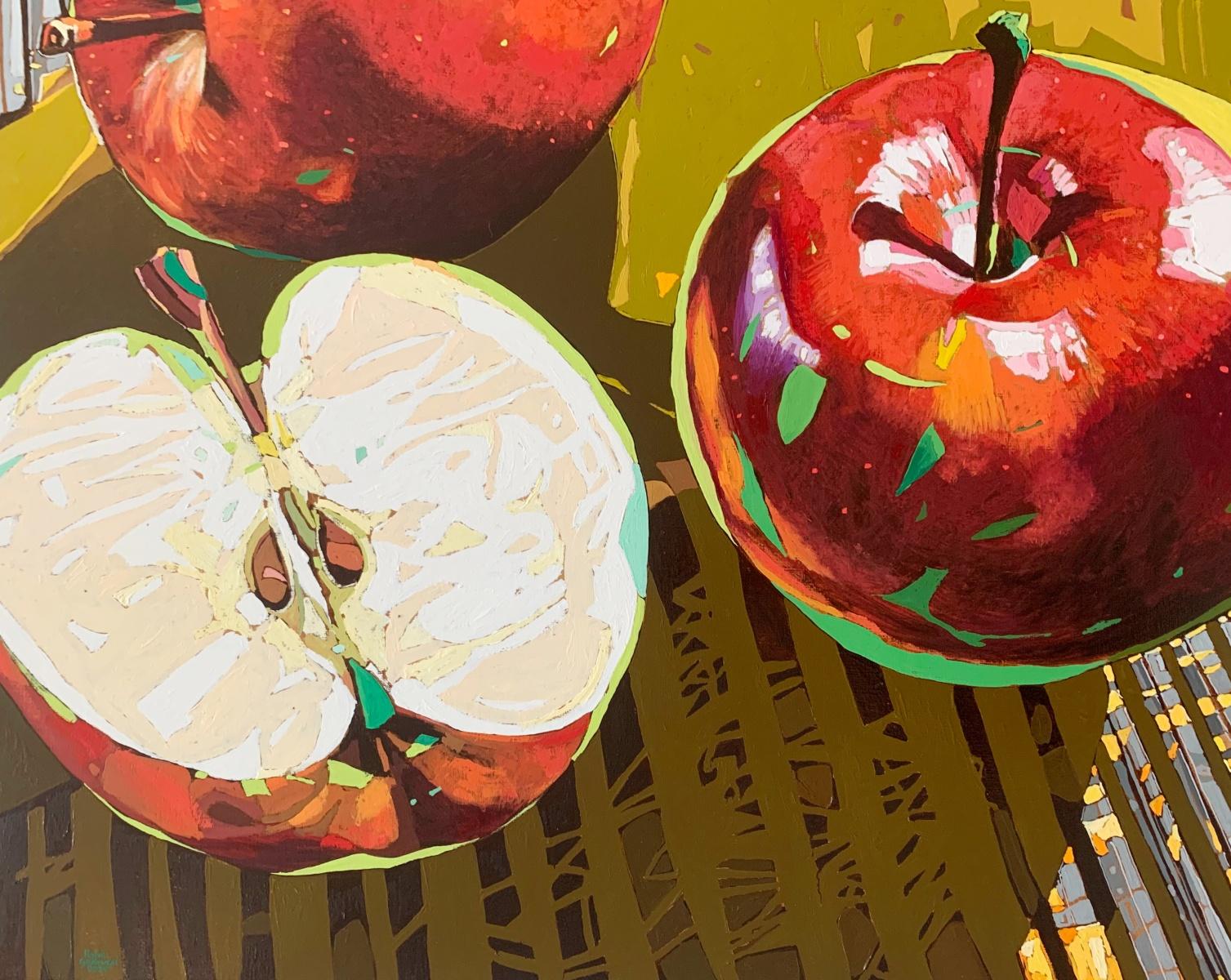 Zeitgenössisches figuratives Gemälde in Öl auf Leinwand des polnischen Künstlers Rafal Gadowski. Gemälde im Pop-Art-Stil, das Äpfel darstellt. Die Farben sind gesättigt und leuchtend. Der Titel dieses Gemäldes lautet 