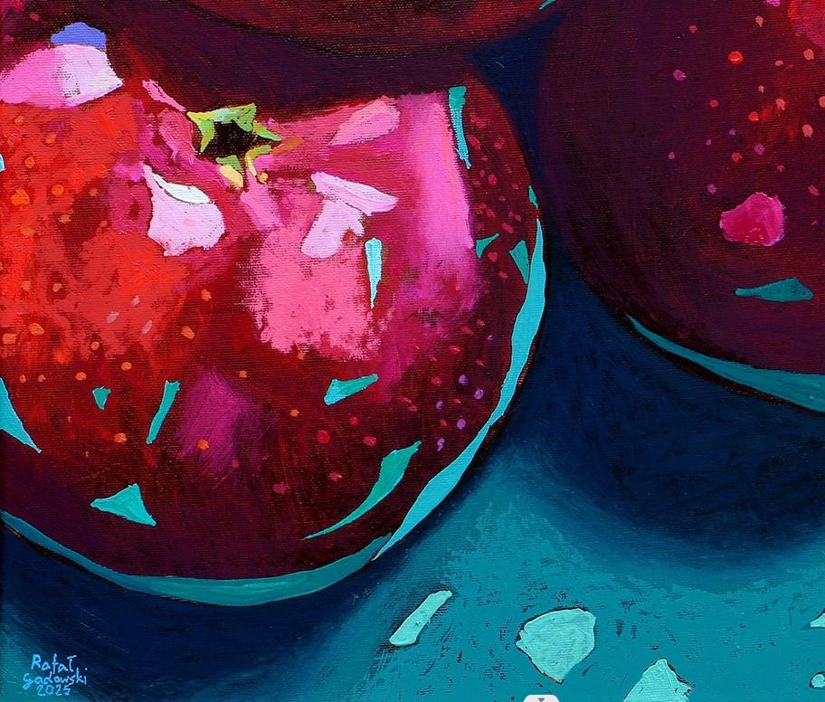 Äpfel 27. Figurative Ölmalerei, farbenfroh, Pop-Art, Früchte, polnischer Künstler (Schwarz), Figurative Painting, von Rafał Gadowski