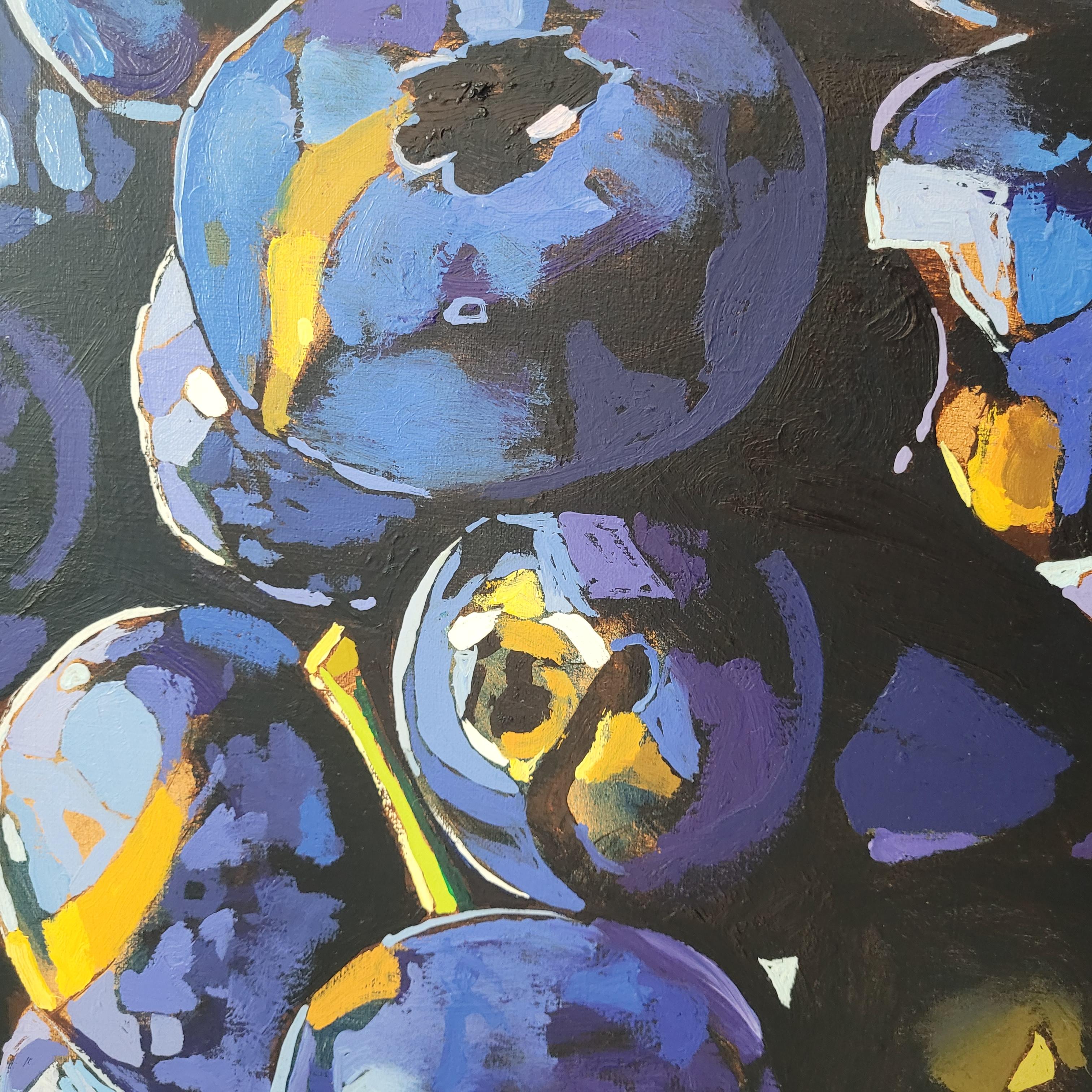 Arándanos 04. Pintura al óleo figurativa, Naturaleza muerta Pop art colorista, Arte polaco - Figurative Painting Púrpura de Rafał Gadowski