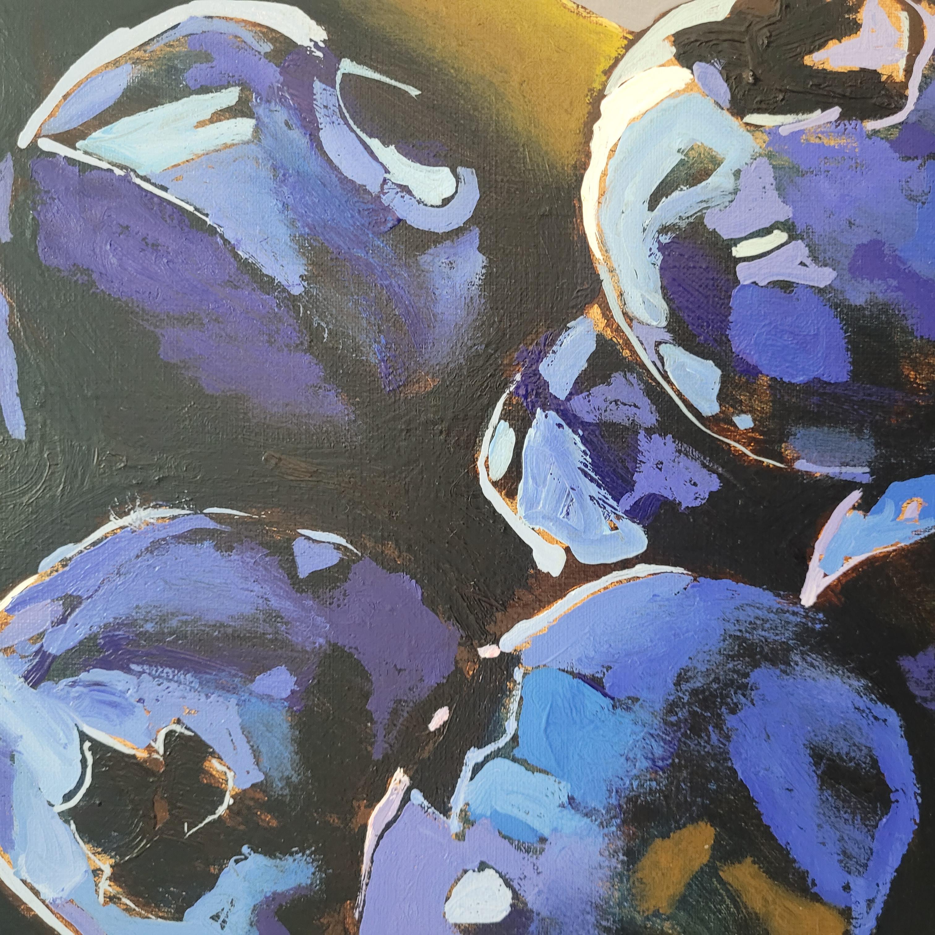Pintura figurativa contemporánea al óleo sobre lienzo del artista polaco Rafal Gadowski. Pintura de estilo pop art que representa arándanos. Los colores son saturados y vibrantes. El título de este cuadro es 