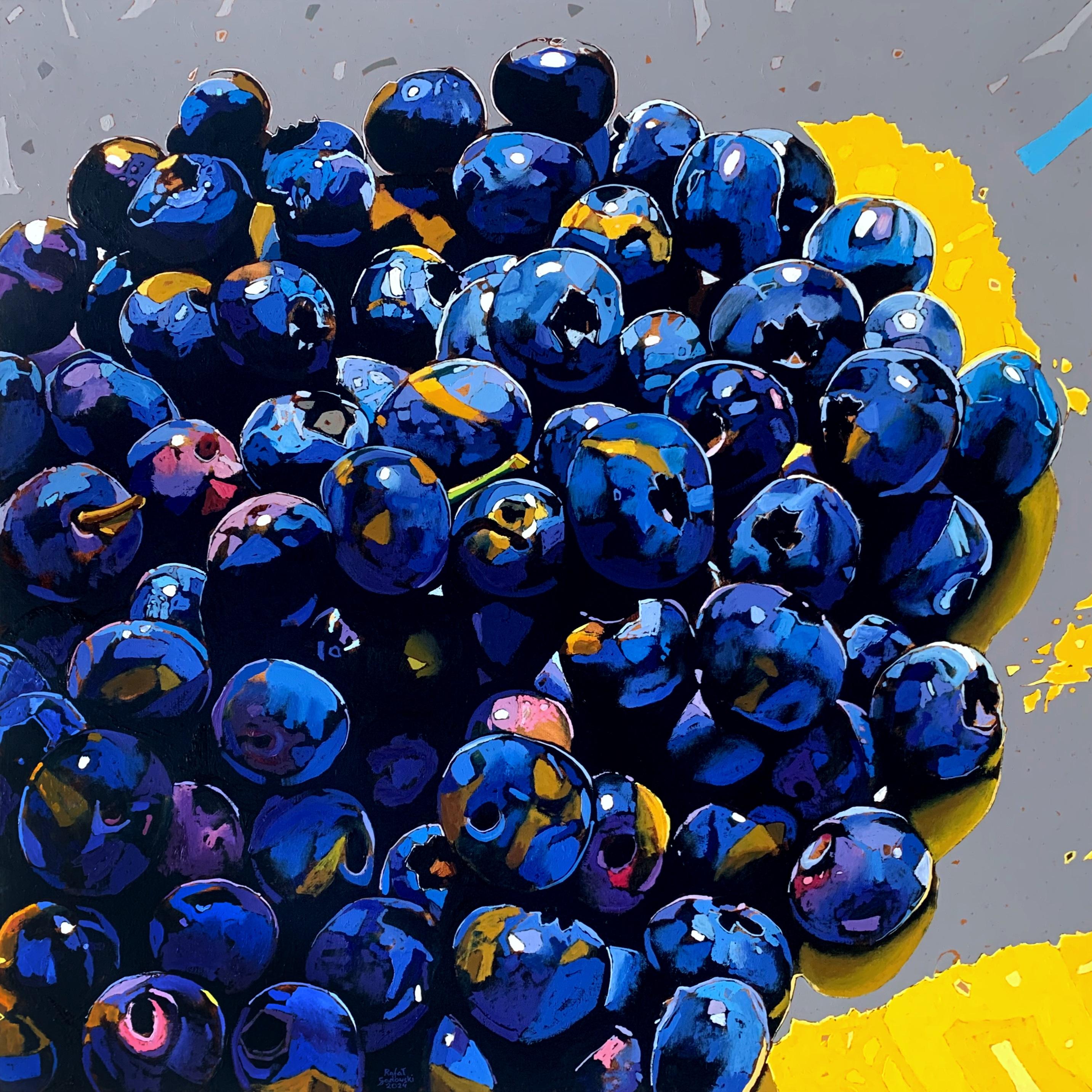 Rafał Gadowski Animal Painting - Blueberries 04. Figurative Oil Painting, Colorful Pop art Still life, Polish art