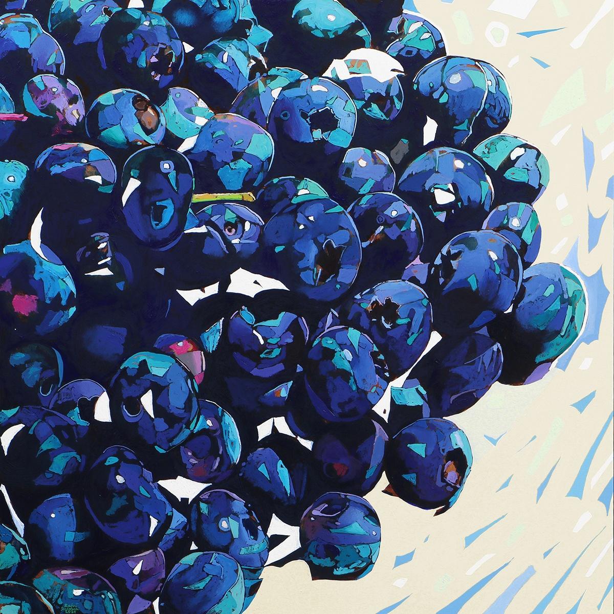Myrtilles 05. Peinture à l'huile figurative et expressive, colorée, fruits, polonaise