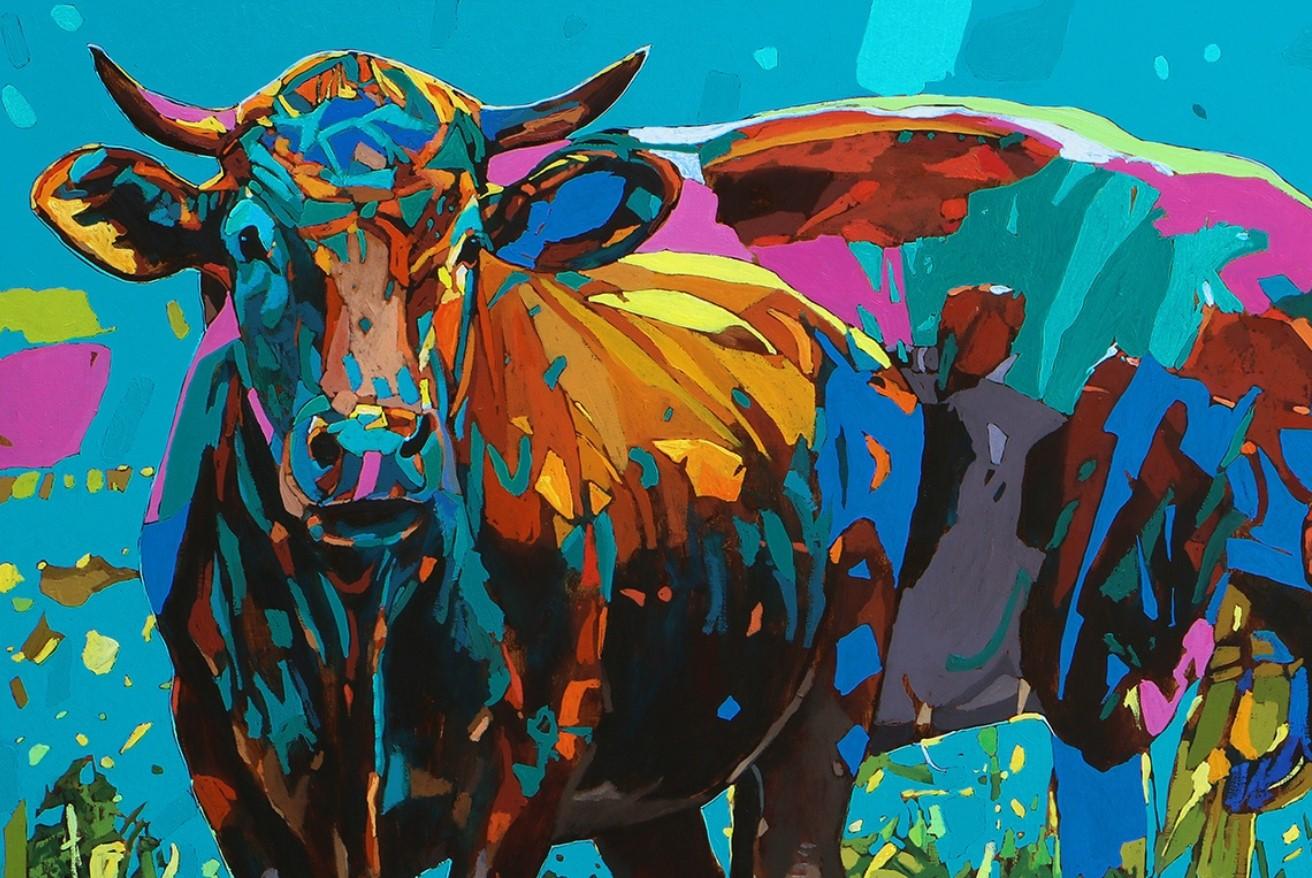 Vaches 04. Peinture à l'huile figurative et expressive, colorée, animaux, polonaise - Painting de Rafał Gadowski