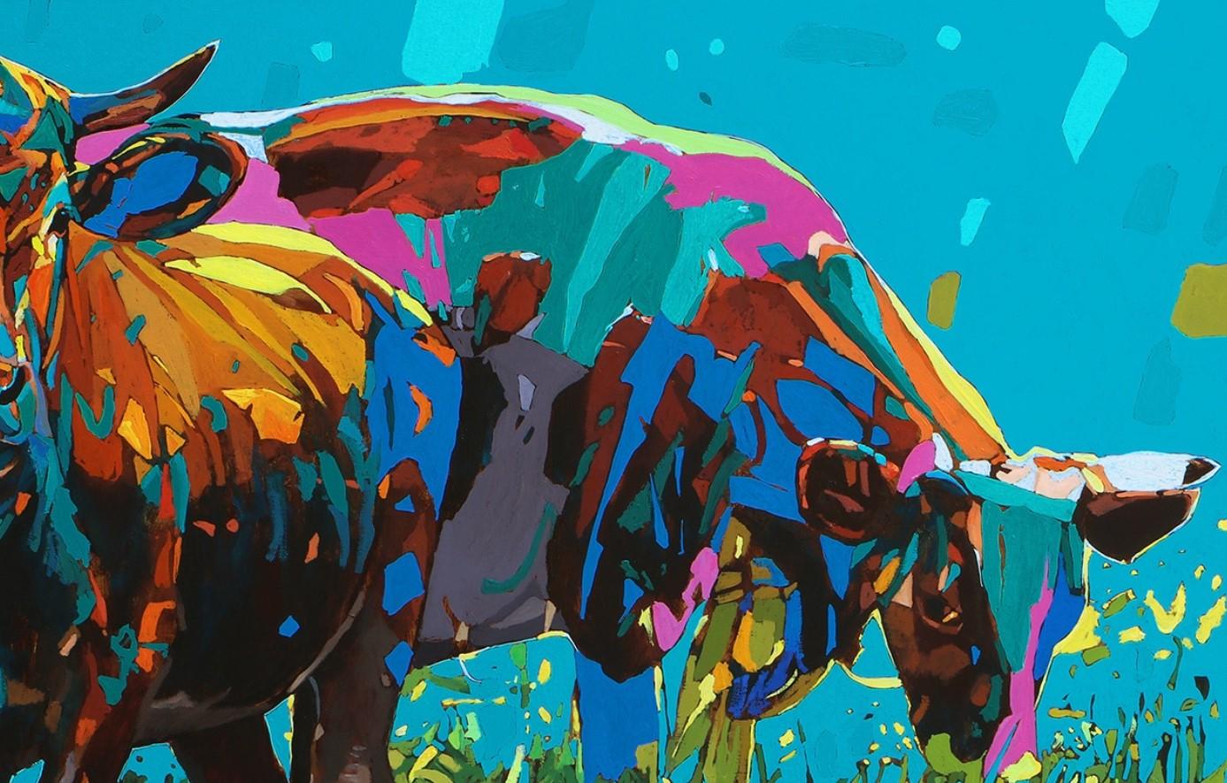 Vaches 04. Peinture à l'huile figurative et expressive, colorée, animaux, polonaise - Bleu Animal Painting par Rafał Gadowski