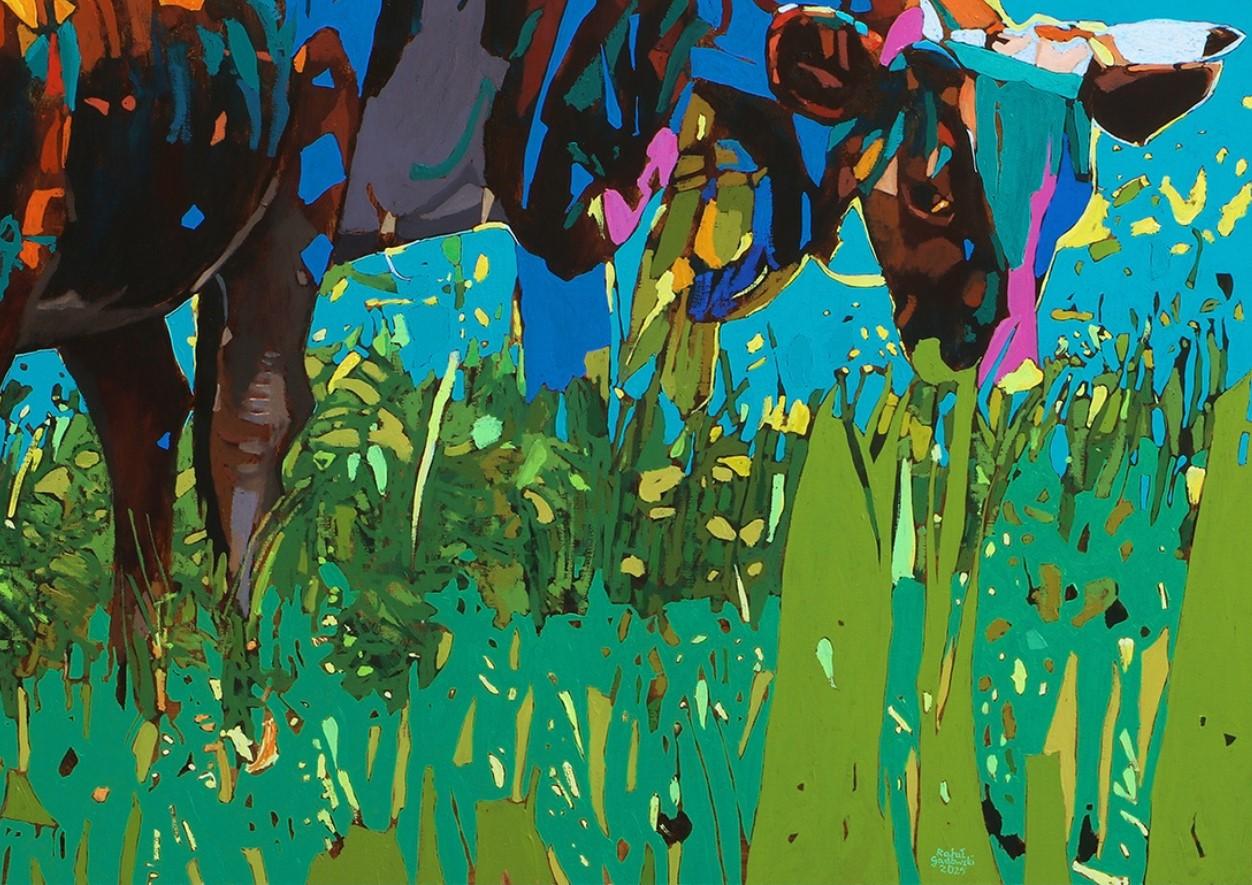 Peinture figurative contemporaine à l'huile sur toile de l'artiste polonais Rafal Gadowski. Peinture de style pop art représentant des flamants roses colorés. Les couleurs et la composition sont éclatantes. Les couleurs principales sont le bleu, le