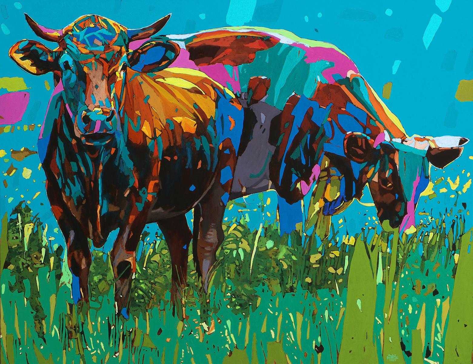 Animal Painting Rafał Gadowski - Vaches 04. Peinture à l'huile figurative et expressive, colorée, animaux, polonaise
